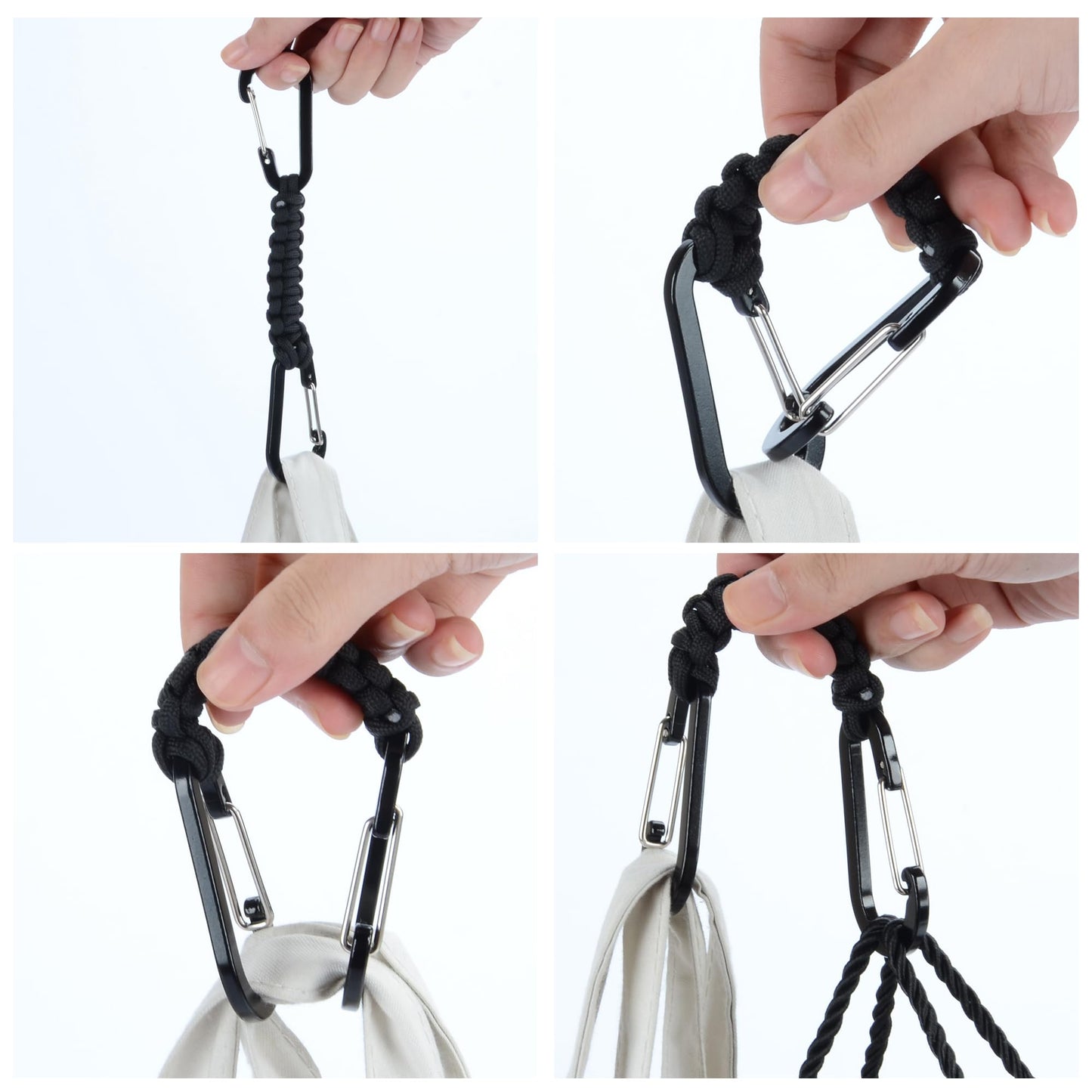 BRAVESHINE 1 Black 1 Purple Paracord Keychain Hook Carabiner Clips, Lanyard Hanger with D Ring Hooks Heavy-Weight Stroller Hook Holder for Water Bottle, Key, Tools, Boys, Girls, Men, Women
