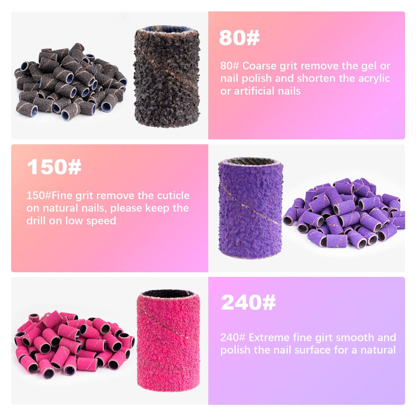 Difenni Sanding Bands for Nail Drill Sanding Bands Nail Drill Bits 210 Pcs Sanding Bands Coarse Fine #80#150#240 with 3/32" Mandrel Bit Boxed for Electric Nail Drill Nail