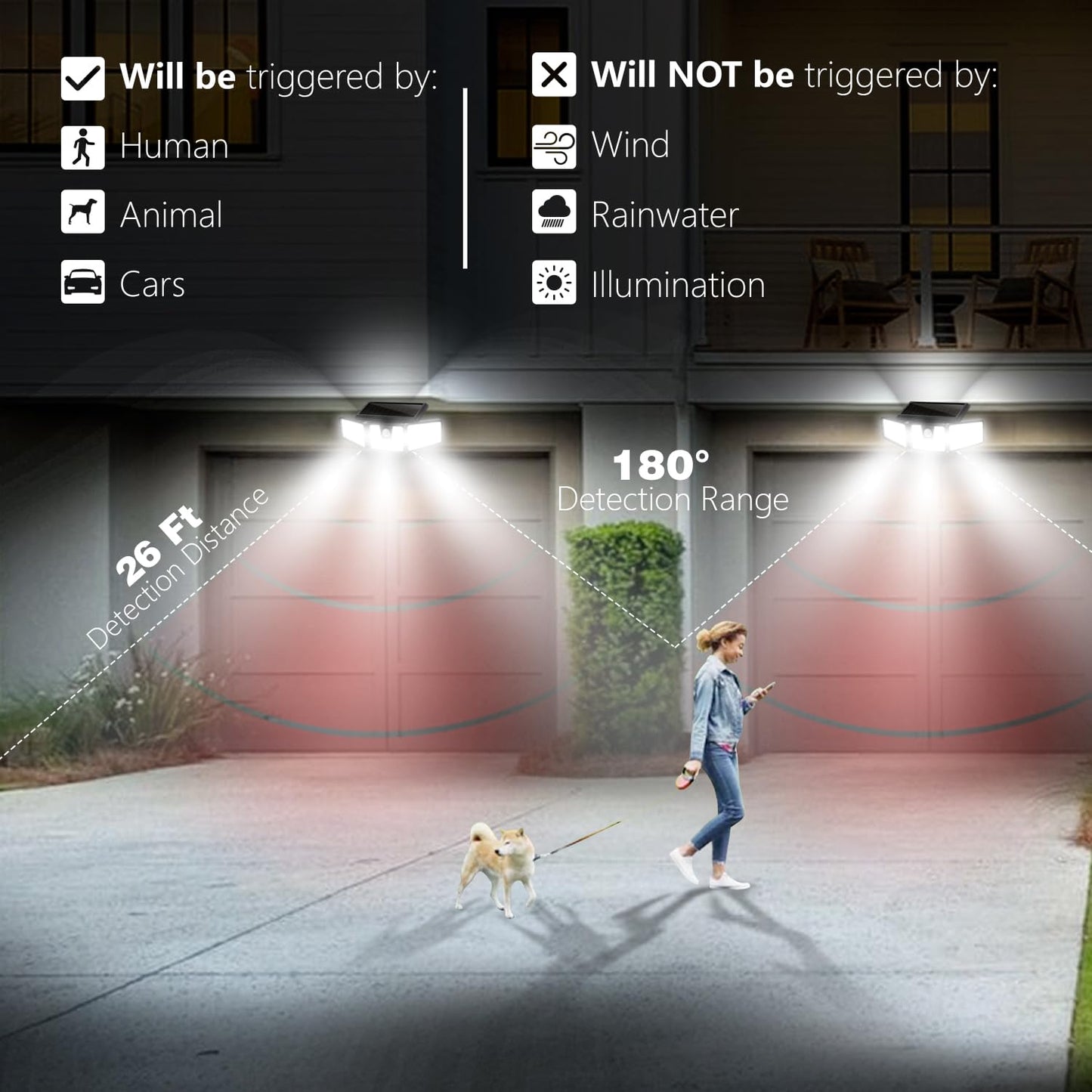 AmeriTop Solar Lights Outdoor, 2 Pack 233 LED High Brightness Cordless Solar Motion Sensor Lights; 3 Adjustable Heads, 270ยฐ Wide Angle Illumination, IP65 Waterproof, Security LED Flood Light(Daylight)