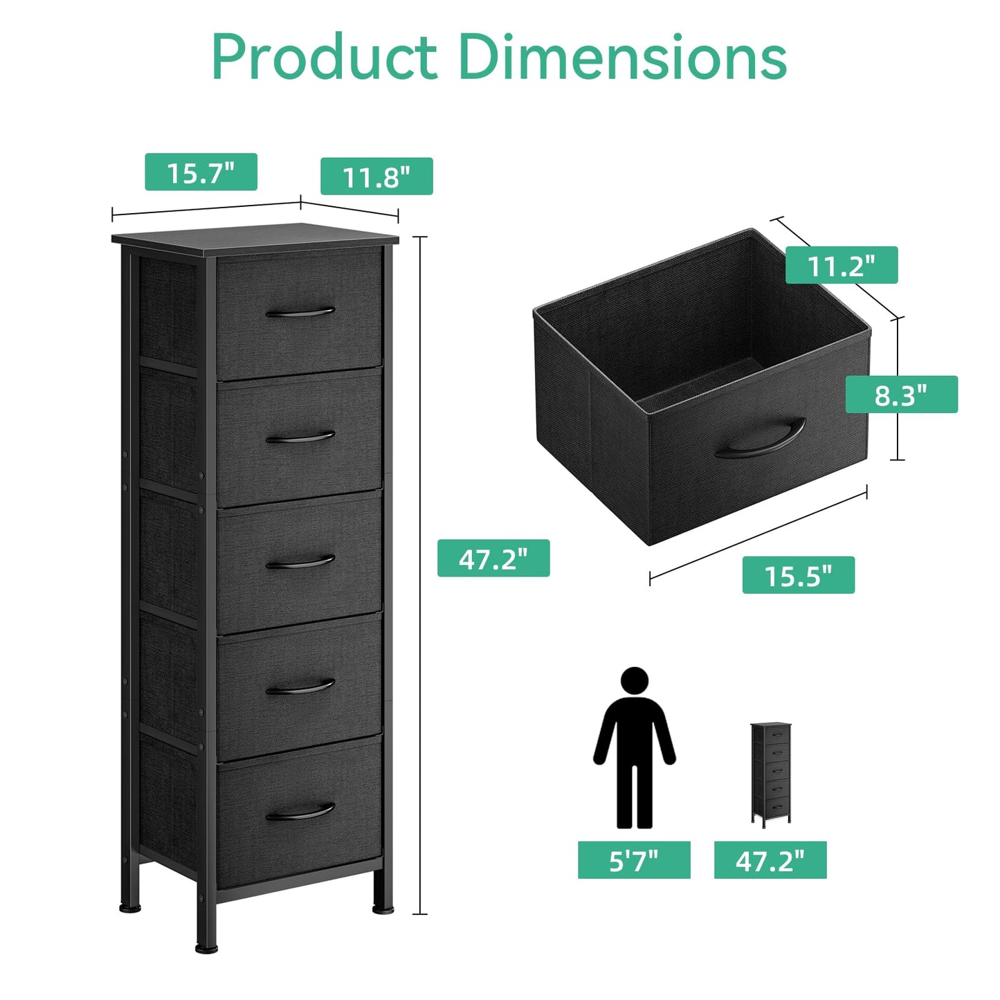 AODK Dresser for Bedroom with 5 Storage Drawers, 48" Tall Dresser Chest of Drawers Fabric Dressers with Sturdy Steel Frame, Black