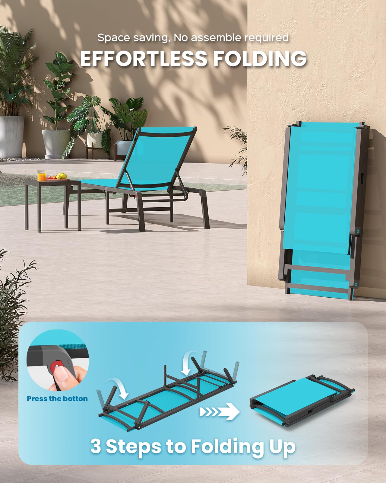Vexwalx Pool Lounge Chairs Set of 2, Foldable Aluminum Chaise Lounge Outdoor with 5 Positions Recliner - Free Assembly - Patio Chaise Lounge Chair for Poolside, Beach, Yard (Lakeblue, 2 Pack)
