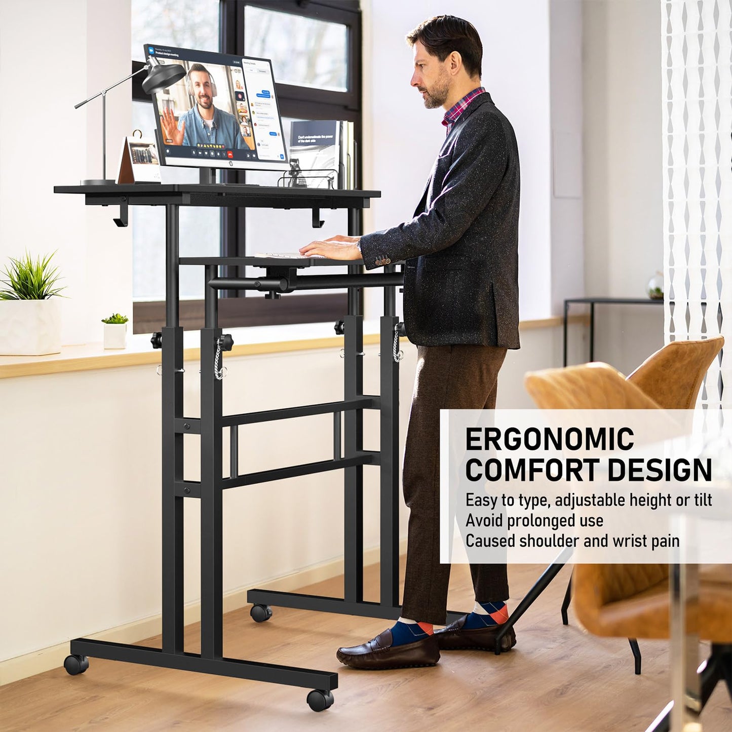 Enayplon Small Standing Desk with Wheels, Tall Mobile Stand Up Table, Portable Standing Desk for Walking Pad, Rolling Table Adjustable Height, Rolling Computer Table for Tall Person