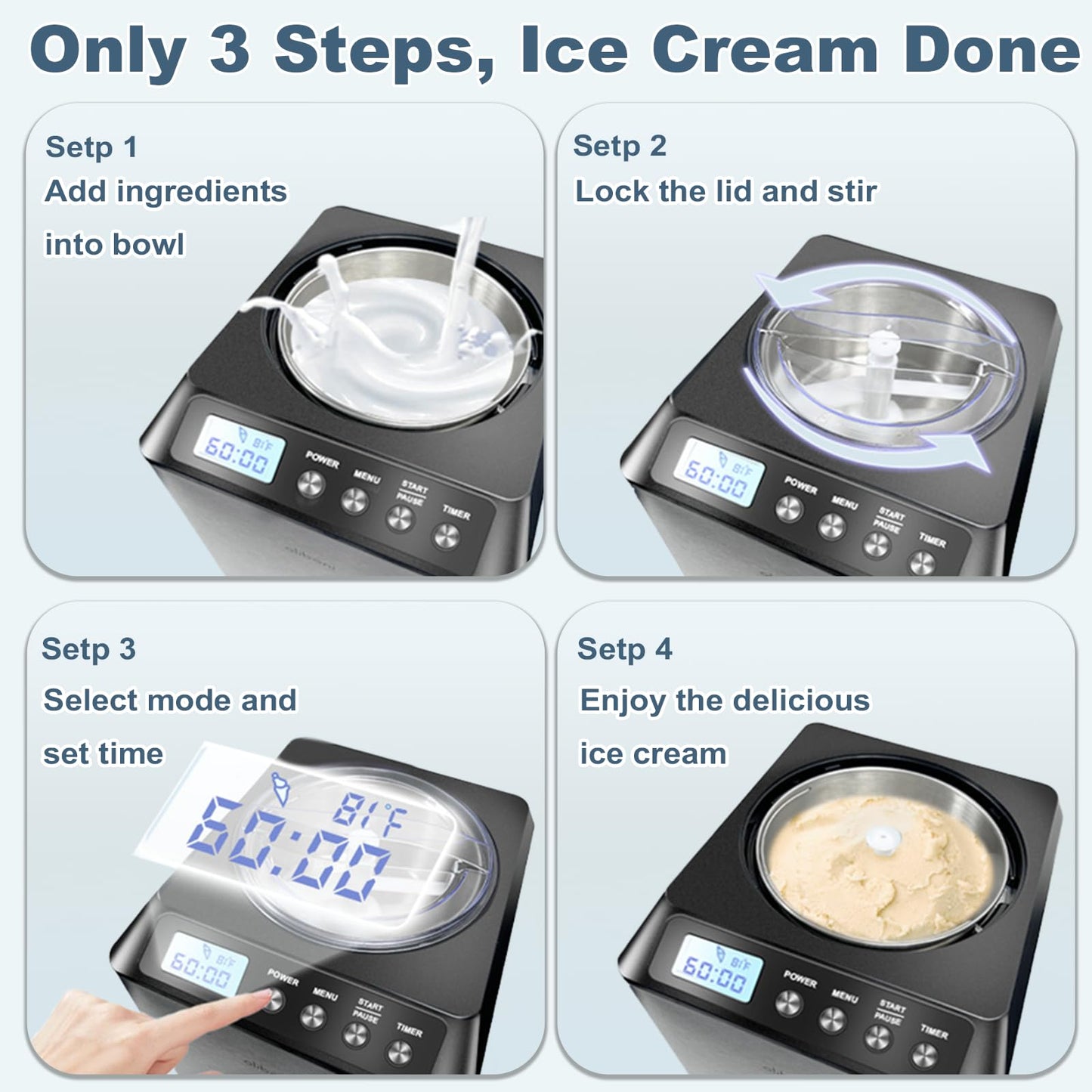 2.6 Qt Ice Cream Maker with Compressor, LCD Digital Display & Timer, No Pre-freezing, Countertop Gelato Makers, Automatic Ice Cream Machine for Homemade Use, Stainless Steel, 10-year Repair Service
