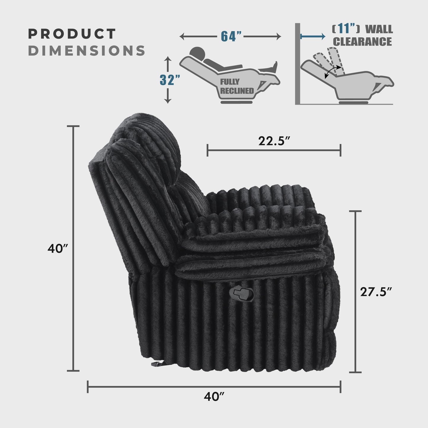 Lexicon Manual Glider Recliner Chair, Corduroy Manual Tab Pull Reclining Chair with Pillow Top Arms, Plush Cushions, Cozy Theater-Style Accent for Living Room/Bedroom, Easy Assembly, Black