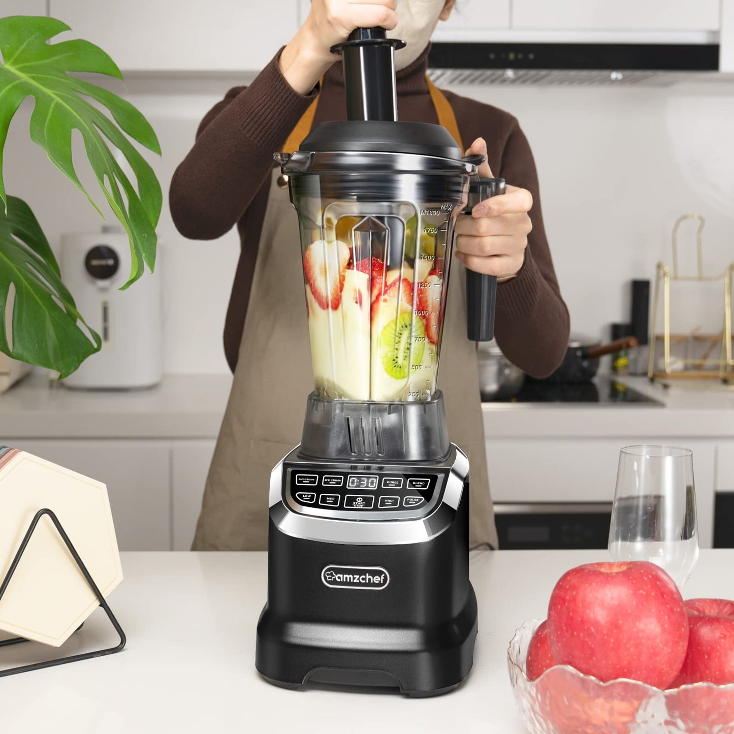 AMZCHEF Professional Blenders for Kitchen, 1800 W Smoothie Blender with 2 Blend Way, 4 Functions and 3 Speeds, 63 oz Blender for Smoothies, Frozen Drinks, Ice Cream, Soup, 20 oz blend bottle, Black