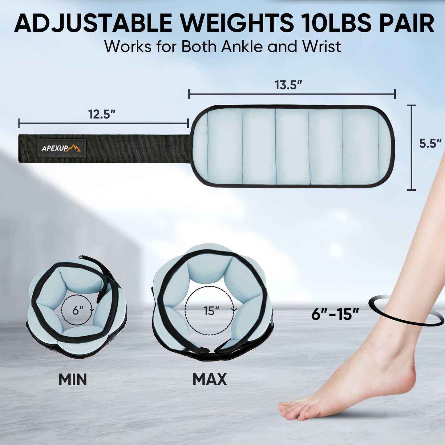 APEXUP 10lbs/Pair Adjustable Ankle Weights for Women and Men, Modularized Leg Weight Straps for Yoga, Walking, Running, Aerobics, Gym (Pastel Blue)