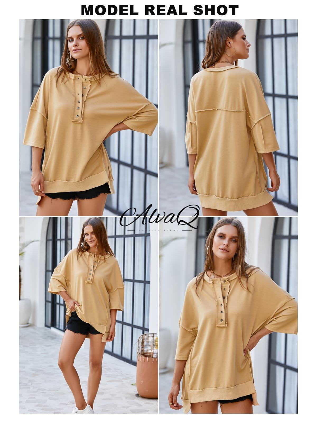 AlvaQ Women Short Sleeve Sweatshirt Summer Henley Neck Tops Casual Loose Basic Tee Shirts 2024 Trendy Clothes Tunic Blouse Apricot Large