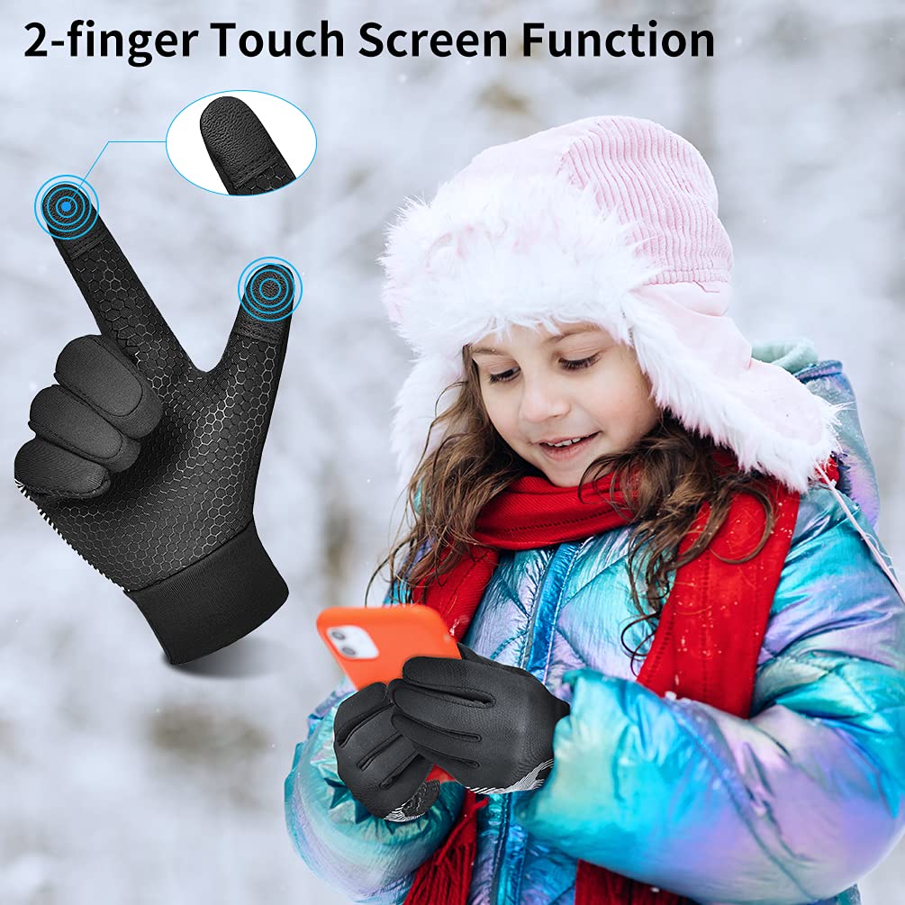 OOPOR Winter Warm Cycling Kids Gloves - Cold Weather Thermal Running Ski Bike Black Mittens Aged 4-12 Boys Girls L