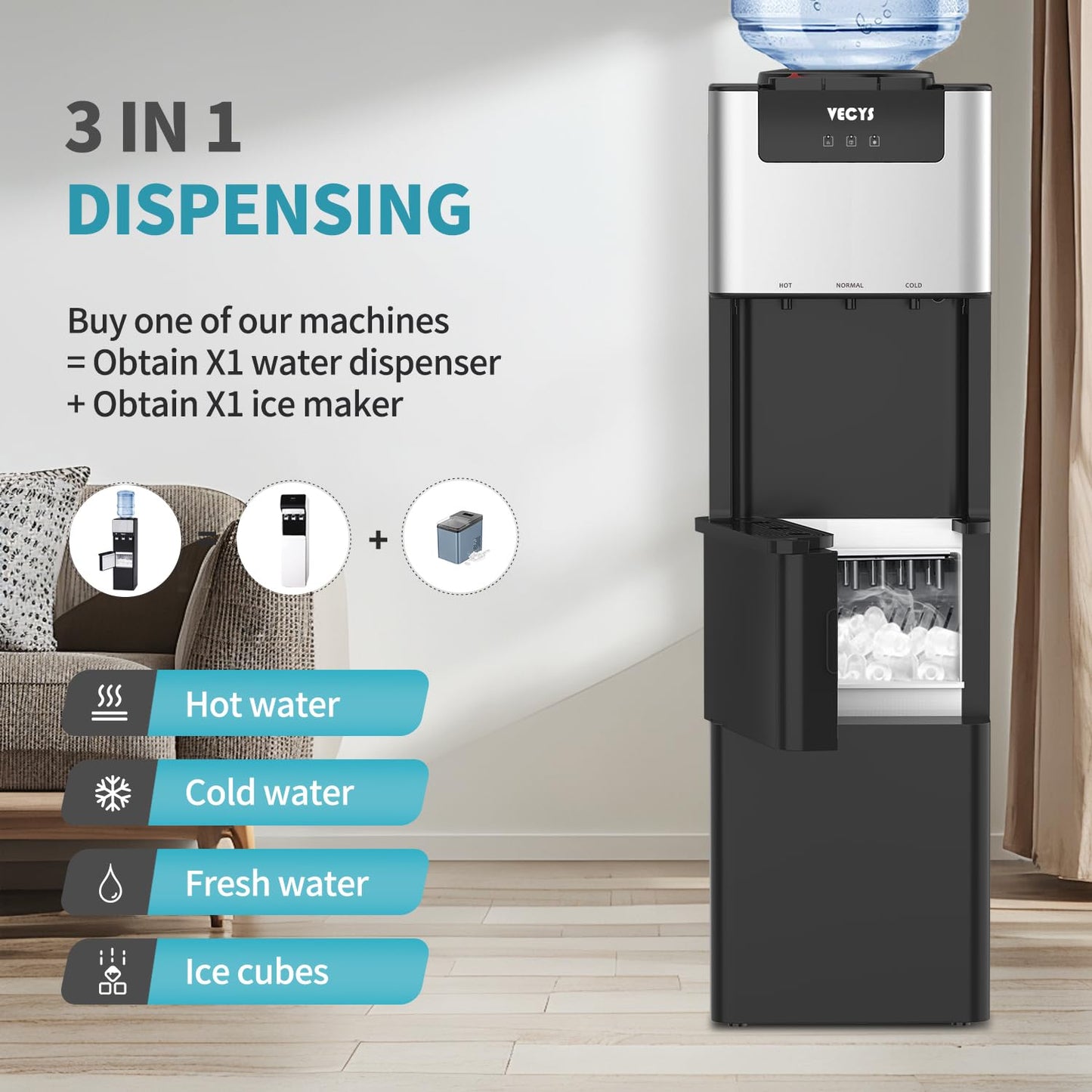 VECYS 3 in 1 Water Dispenser with Ice Maker, 27LBS Daily Ice Making and Hot Cold Water Supply, Child Safety Lock and Compatible with 3 or 5 Gallon Bottles