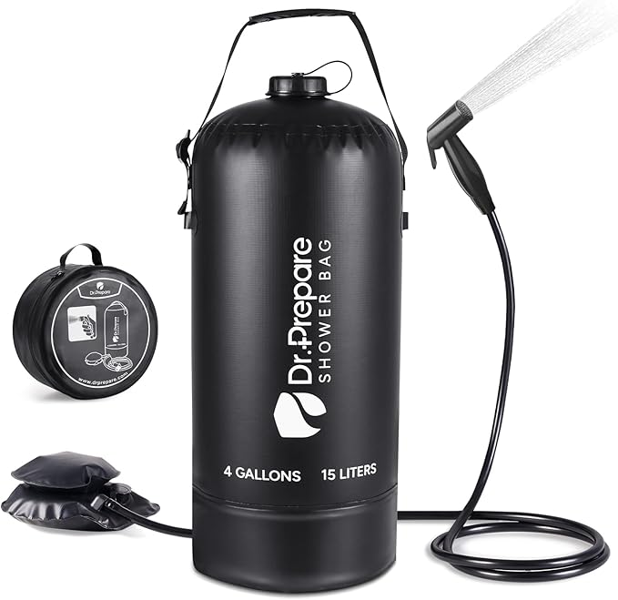 DR.PREPARE Camping Shower, 4 Gallons/15L Portable Shower with Foot Pump, Large Water Inlet, Outdoor Camp Shower Bag for Camping, Beach, Hiking, Climbing