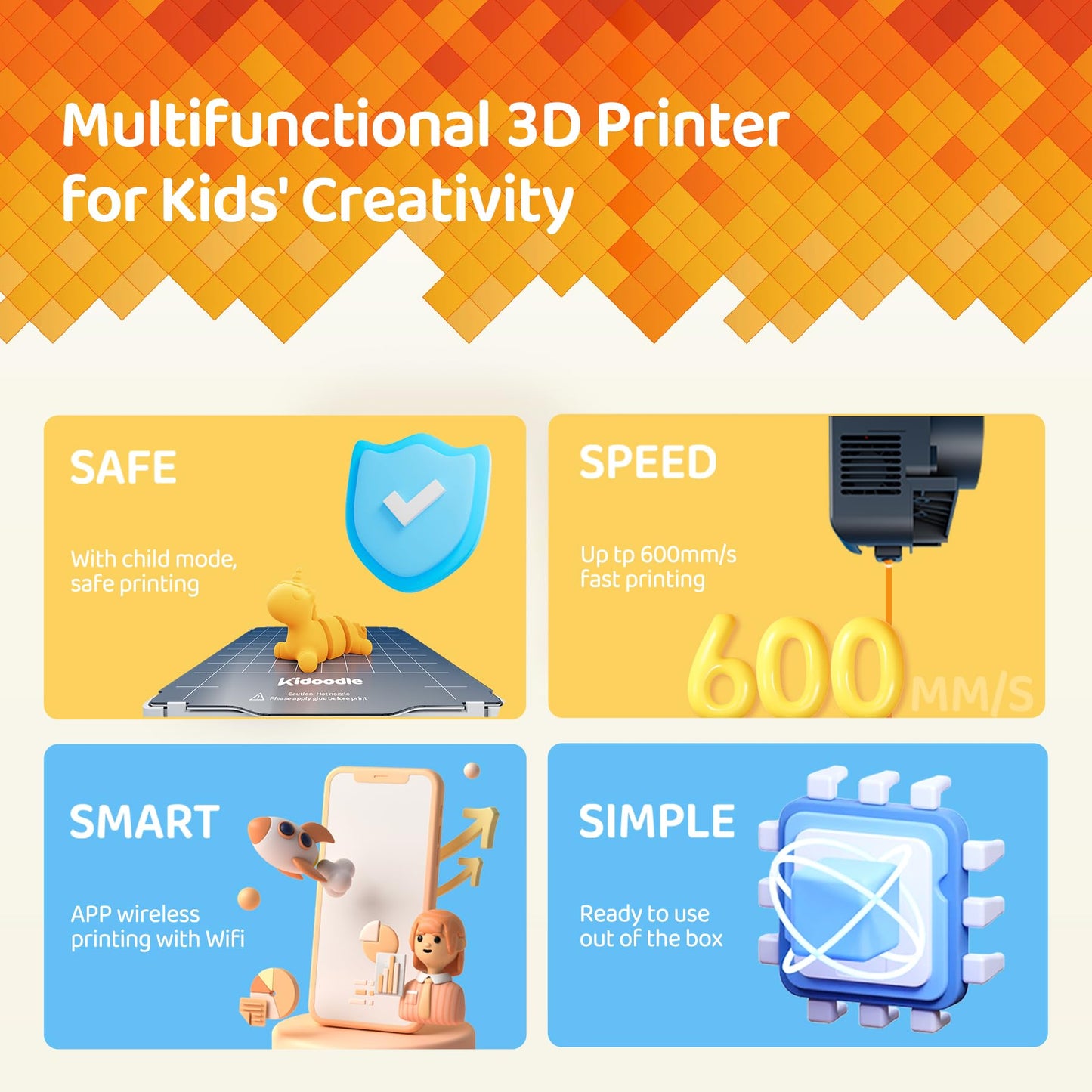 Kidoodle Mini 3D Printer for Kids & Beginners, 600mm/s High Speed Printing, Auto-Leveling/Child-Safe Design/5" Touch Screen, Pre-Assembled with Wi-Fi/App Control, Easy Setup for Home/School