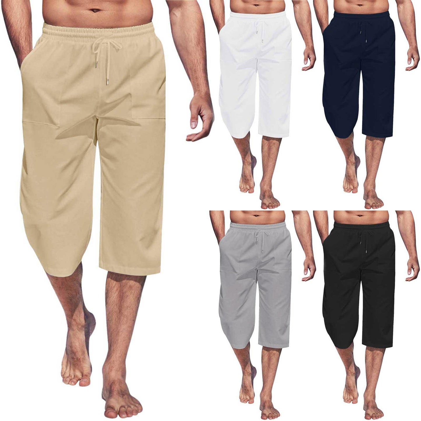 lightning deals of today prime,Beach Pants for Mens Capri Pants Solid Color Elastic Waist Tapered Pants Drawstring Capris Baggy Pants Trousers