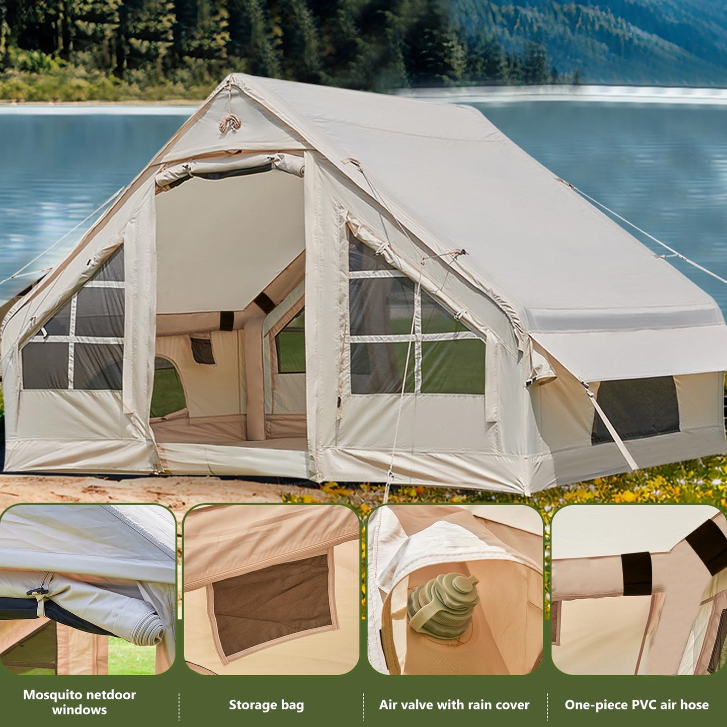 Inflatable Tent with Pump, 4-6 Person Glamping Camping Tents House, Easy Setup Blow Up Family Tents for 4 Seasons Waterproof Inflatable Tent for Camping with Mesh Windows.