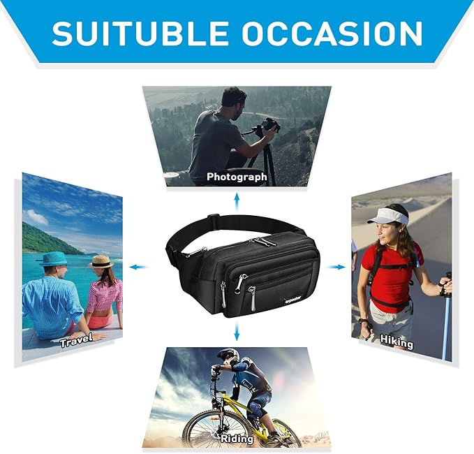 Oxpecker Waist Pack Bag with Rain Cover, Waterproof Fanny Pack for Men&Women, Workout Traveling Casual Running Hiking Cycling, Hip Bum Bag (black)