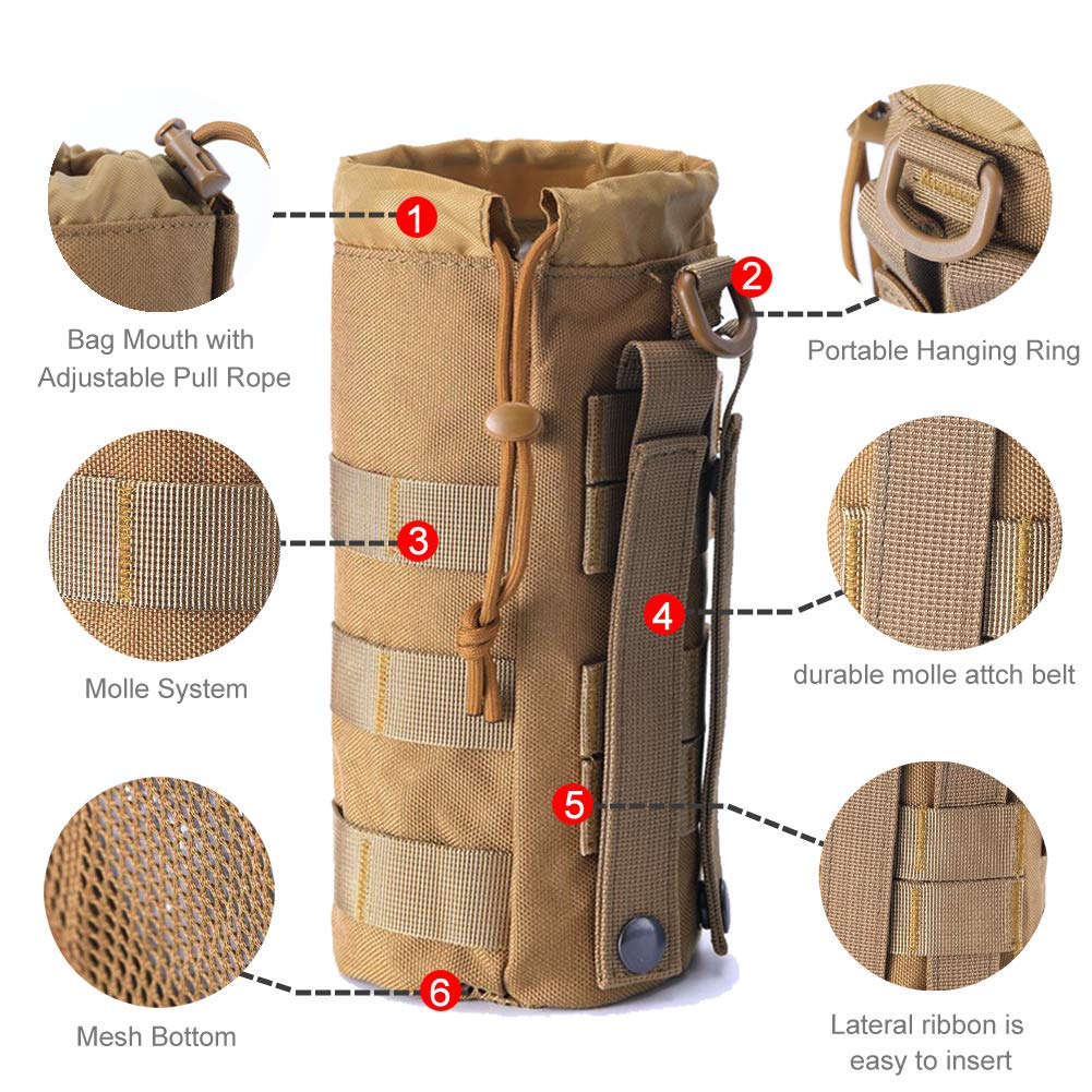 Upgraded Sports Water Bottles Pouch Bag, Tactical Drawstring Molle Holder Pouches, Travel Mesh Tactical Hydration Carrier (Tan-2Pack)