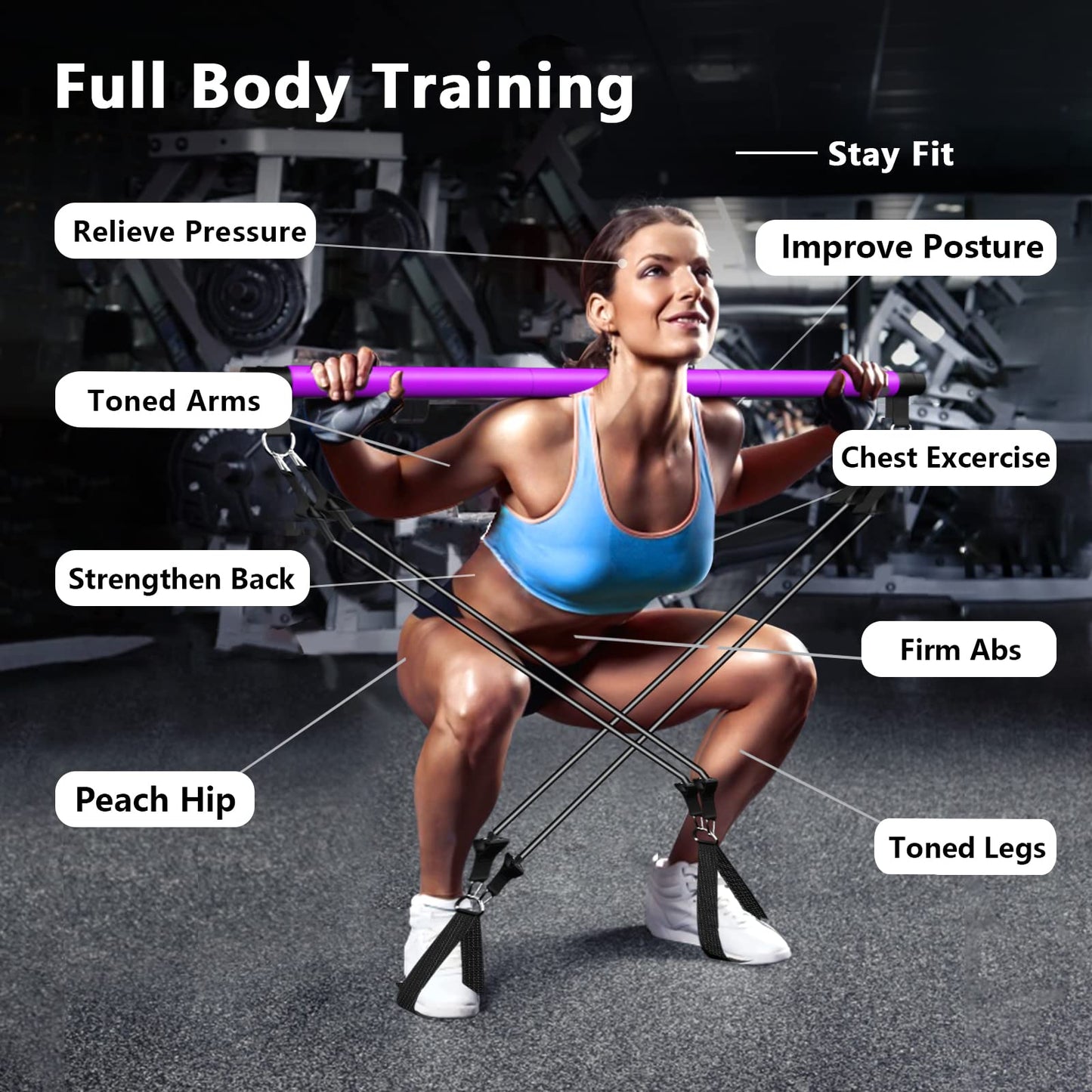 Pilates Bar Kit with Resistance Bands(4 x Bands),3-Section Pilates Bar with Stackable Bands Workout Equipment for Legs,Hip,Waist and Arm,Adjustable Pilates Flexbands Kit Home Gym Yoga Pilates Purple