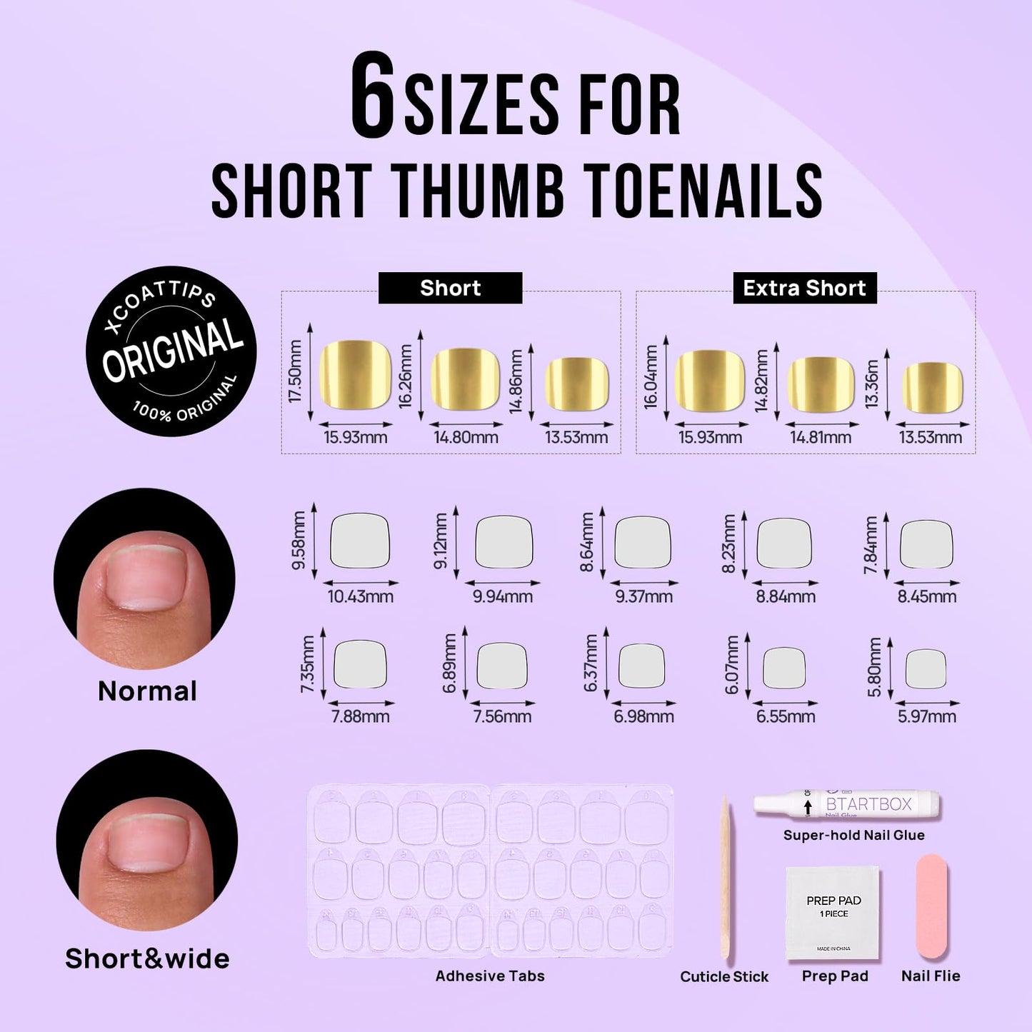 BTArtbox Press on Toenails Short, Metallic Gold Mirror Toenails Press On Square, Fit Perfectly Glazed Press on Toe Nails with Glue, Fake Toenails in 16 Sizes- 32 Toenails Kit, Grandeur
