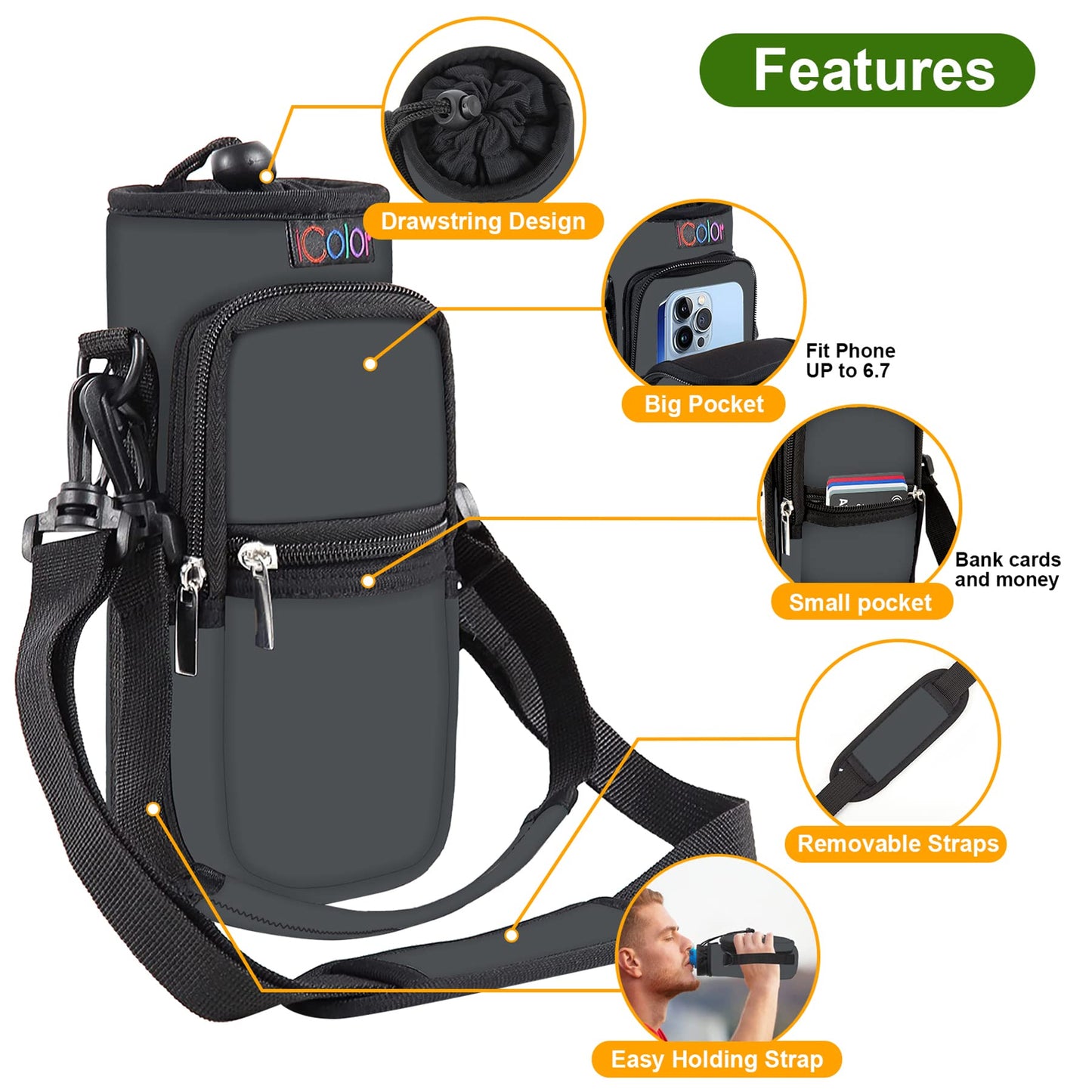 icolor Water Bottle Carrier Bag Holder 25/32/40/64oz,Adjustable Shoulder & Handle Strap Sports Sling Hiking Pack,Insulated Neoprene Wide Mouth Bottle Sleeve