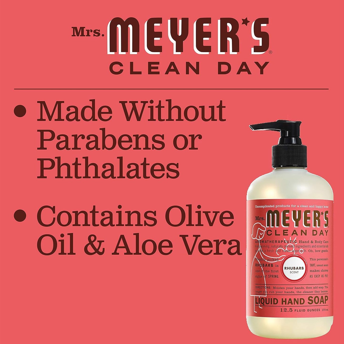 MRS. MEYER'S CLEAN DAY Hand Soap, Made with Essential Oils, Biodegradable Formula, Rhubarb, 12.5 fl. oz
