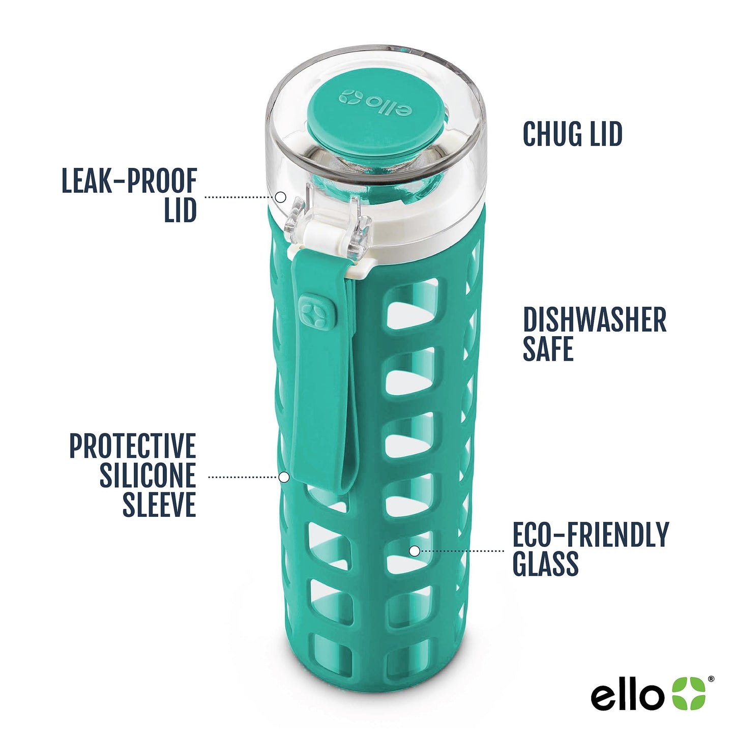 Ello Syndicate Glass Water Bottle with One-Touch Flip Lid , Mint, 20-ounce