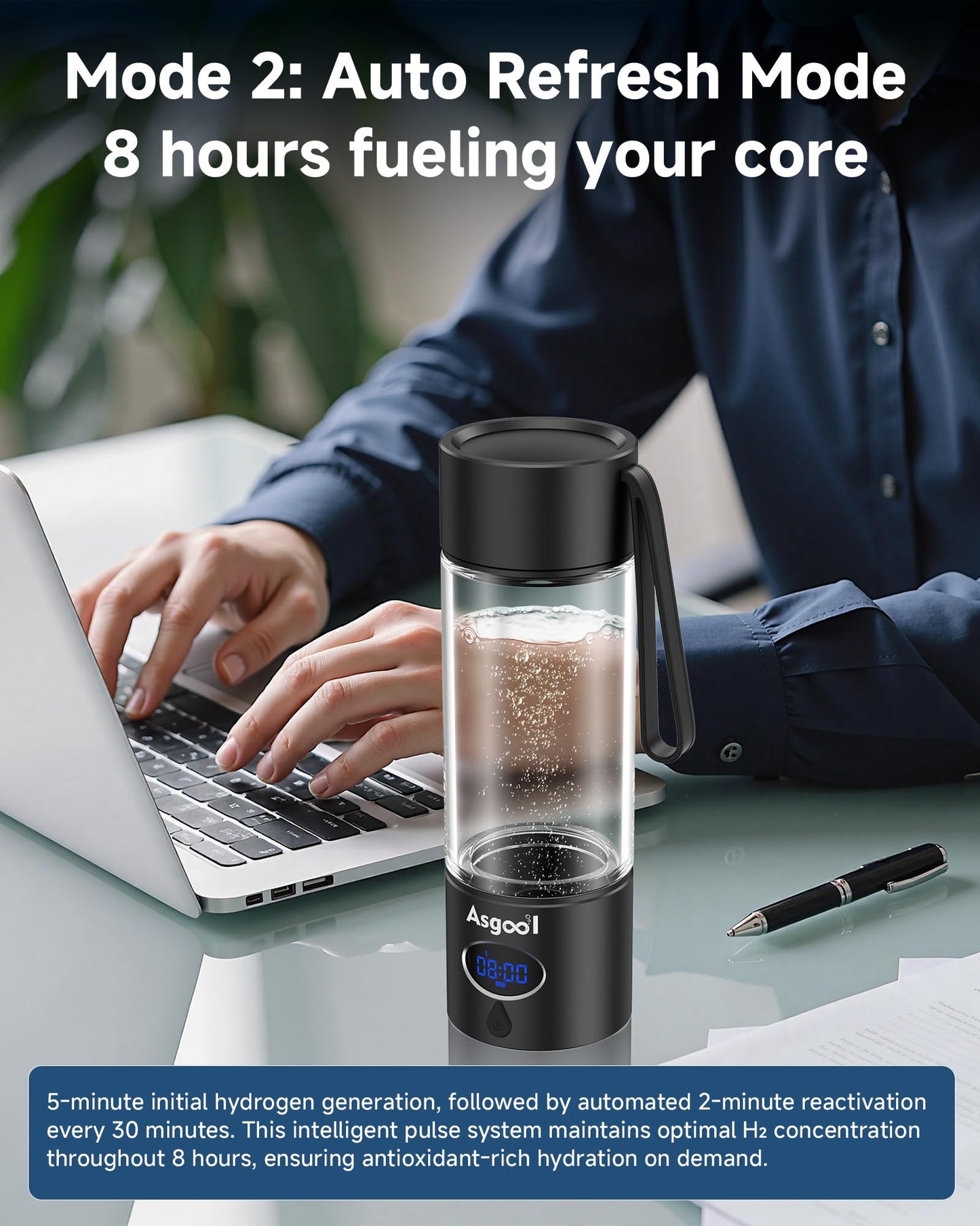 Hydrogen Water Bottle - 5000 ppb, Self Cleaning, Cyclic Mode for 8 Hours, FDA Certification, Portable, Rechargeable, LED Timer, Aluminum, Glass and Stainless Steel (Black, 360ml)