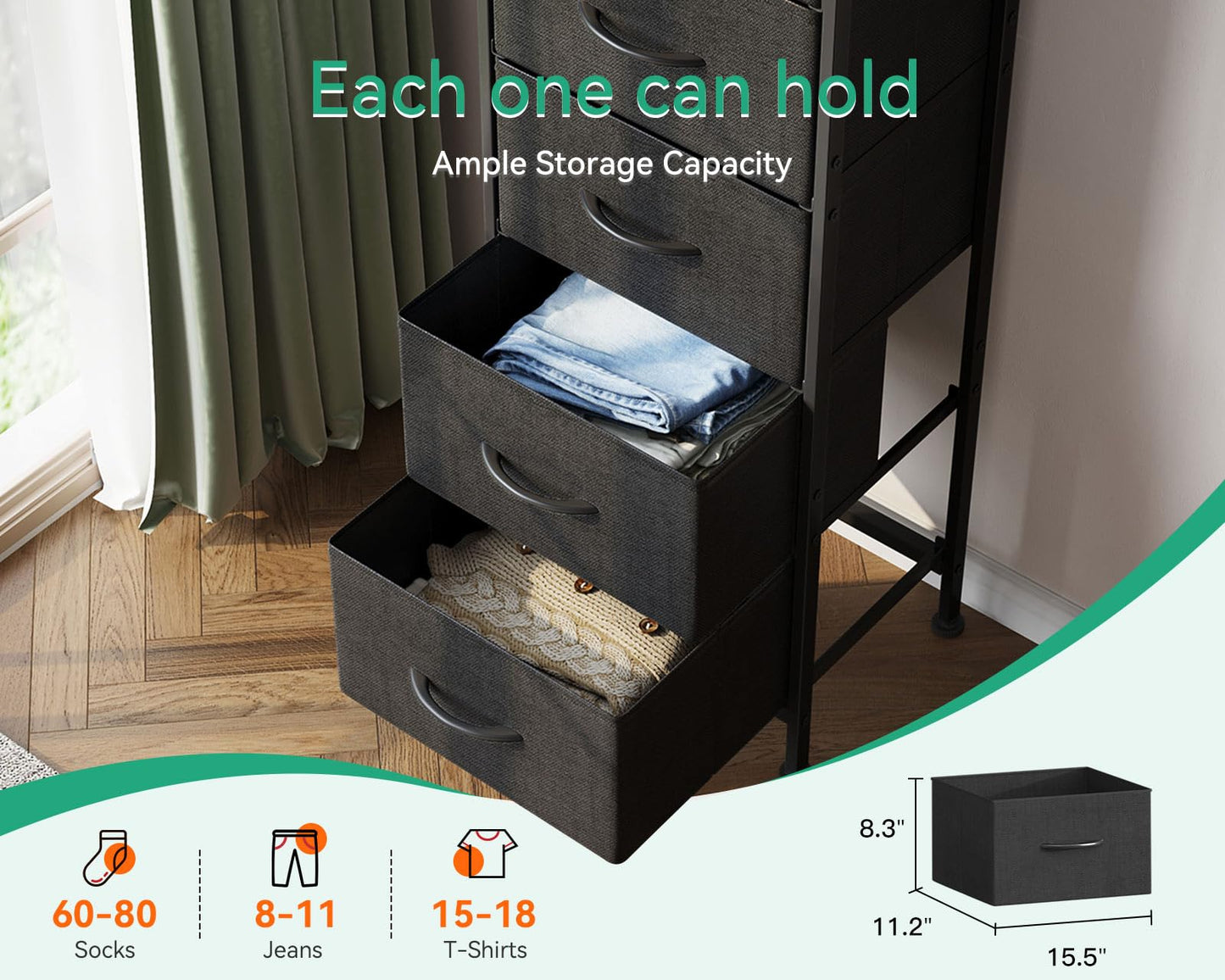 AODK Dresser for Bedroom with 5 Storage Drawers, 48" Tall Dresser Chest of Drawers Fabric Dressers with Sturdy Steel Frame, Black