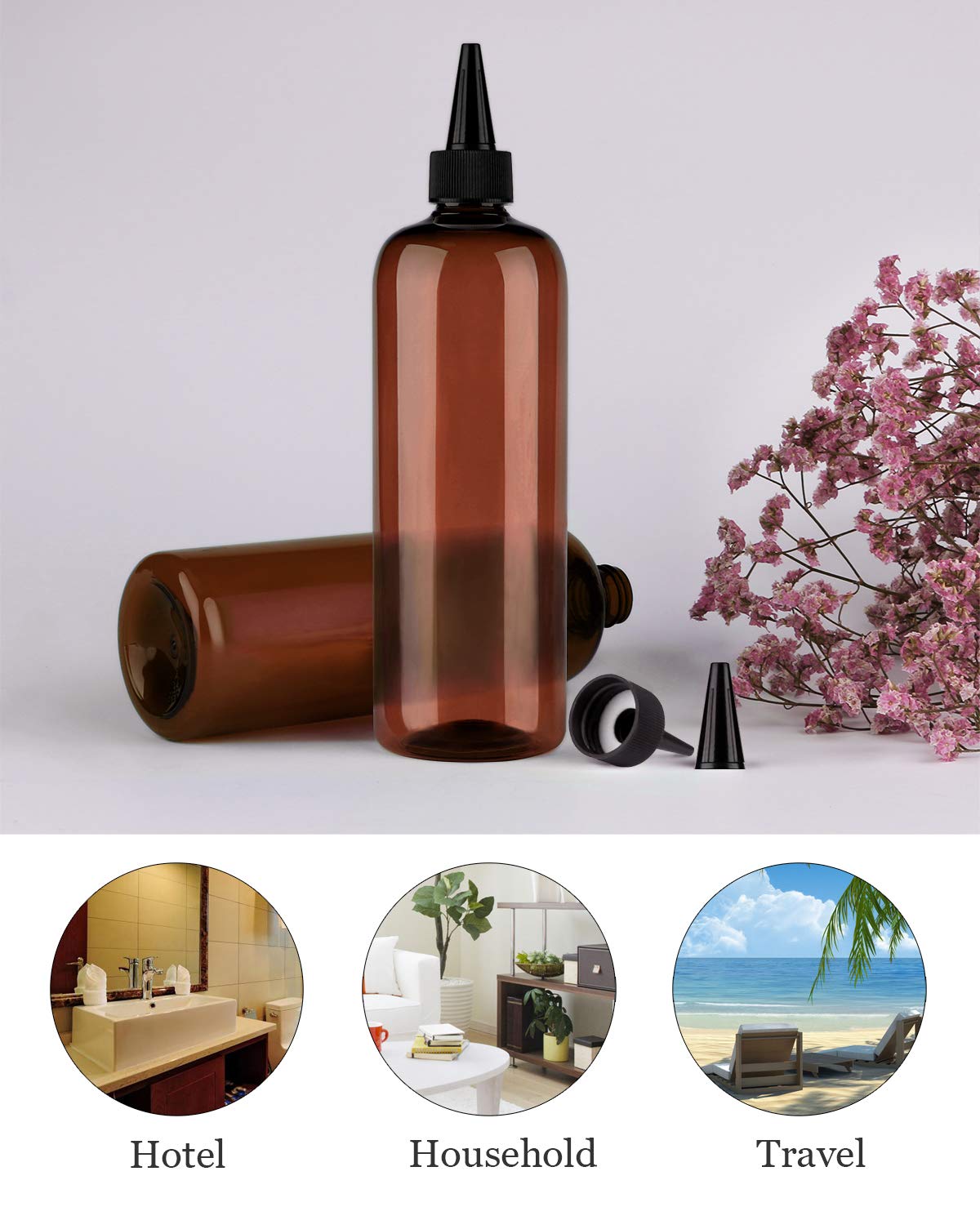 Sdoot Amber Squeeze Hair Color Applicator Bottle 16 Ounce for Hair, PET Plastic Refillable With Twist Top Cap - 2 Pack, Brown