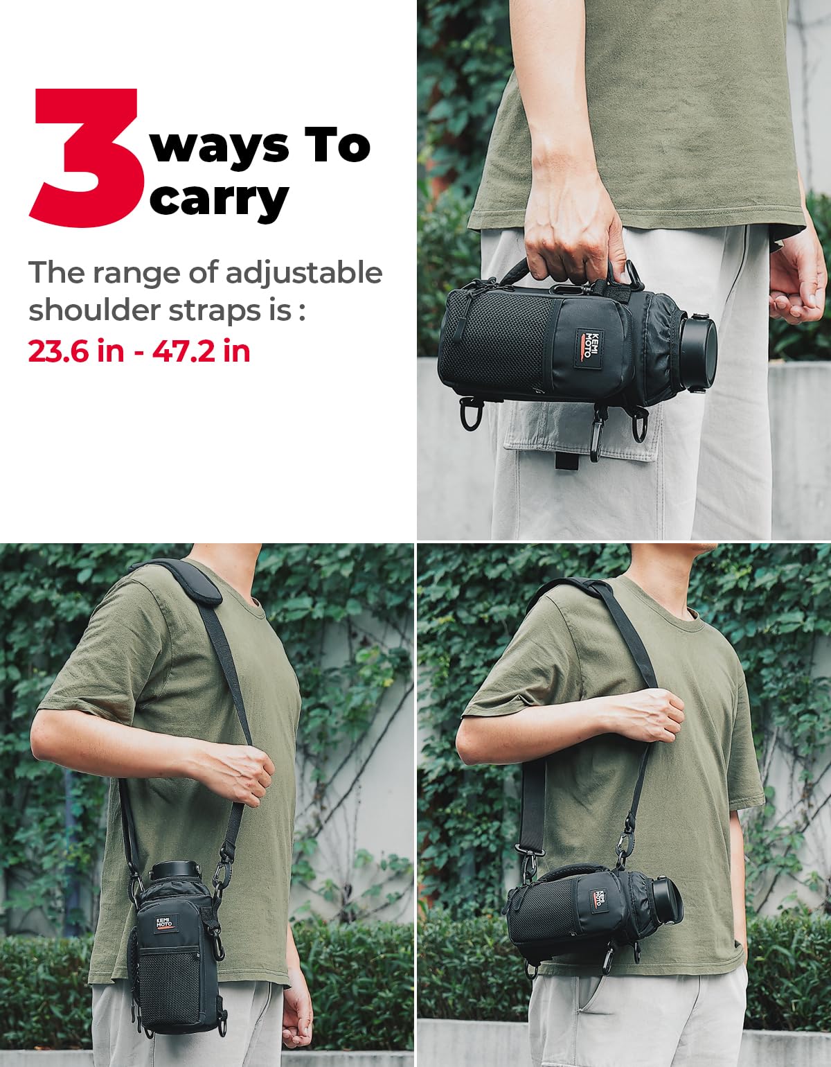 KEMIMOTO Water Bottle Holder Bag, Water Bottle Carrier with Adjustable Shoulder Strap, Water Bottle Pouch Holder for Hiking, Compatible with YETI STANLEY SLM 32 oz, 40 oz (Black-1, Elastic Band-32 oz)