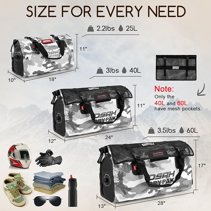 Waterproof Duffel Bag - Motorcycle Dry Bag Tail Bag with Large Storage Space, Waterproof Luggage Duffle Bags with Outer Mesh Zipper Pocket for Camping, Kayaking, Fishing & Traveling