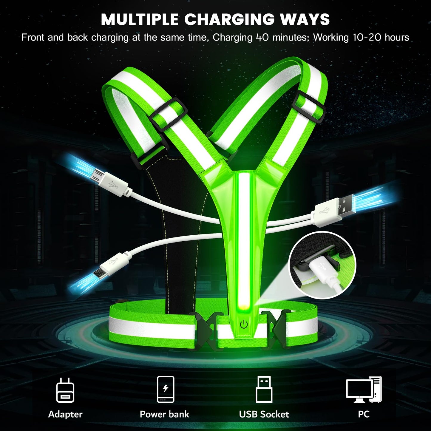 Fokia Kunbio LED Reflective Running Vest Gear,Light Up Vest Runners Night Walking USB Rechargeable,Up to 11hrs Light with Adjustable Waist/Shoulder for Women Men Kids (Green)