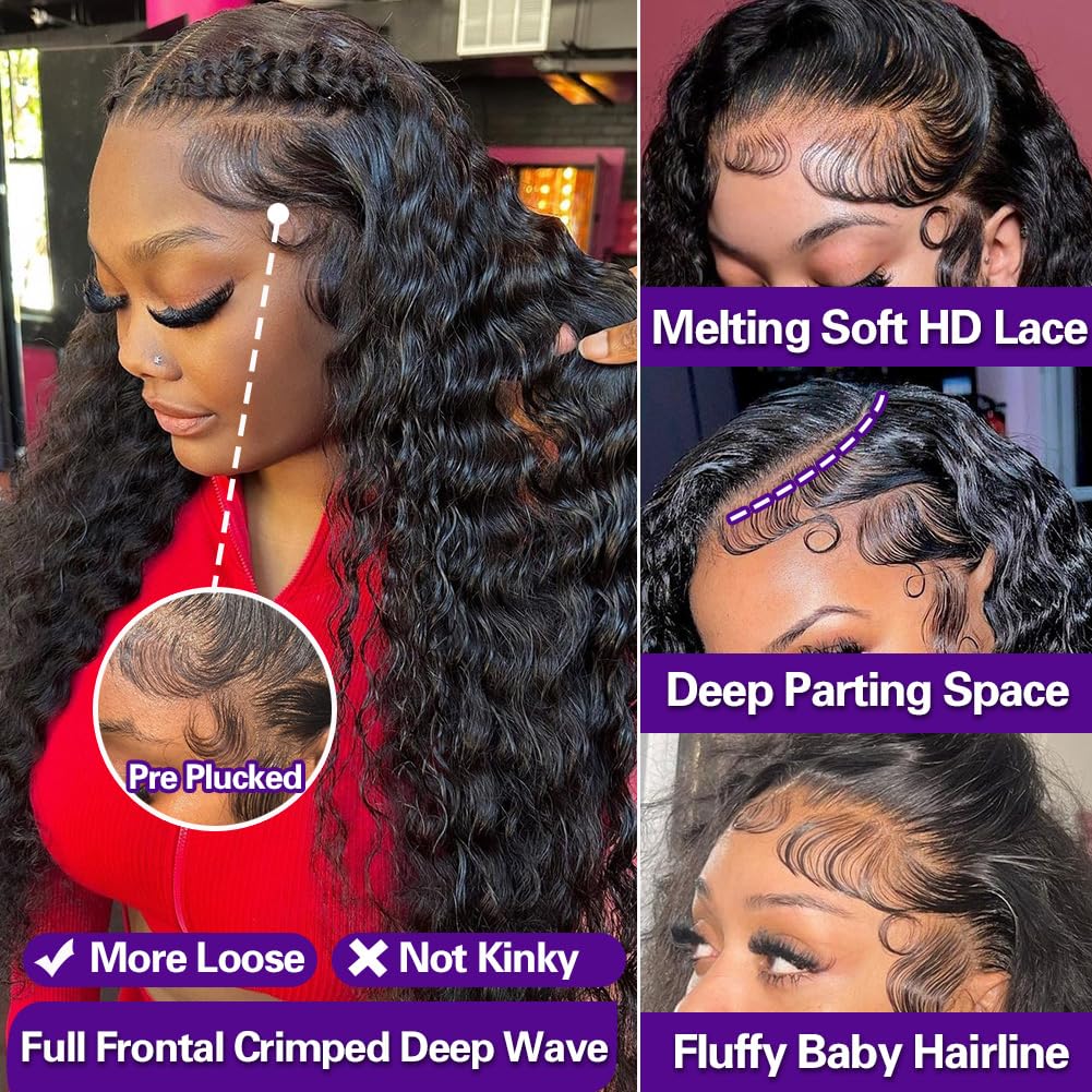 LRV 28 Inch Deep Wave Lace Front Human Hair 13x4 HD Deep Wave Wig For Women Brazilian Frontal Human Hair Waterwave Wet and Wavy Lace Front Wig Pre Plucked 180 Density