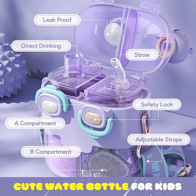 Cute Water Bottle for Kids: 26oz Kawaii Water Bottle for Girls, Funny Bear Water Bottles with Straw and Strap, Dual Compartments Leak-Proof Plastic Drinking Cup for School Sport Travel (Purple)