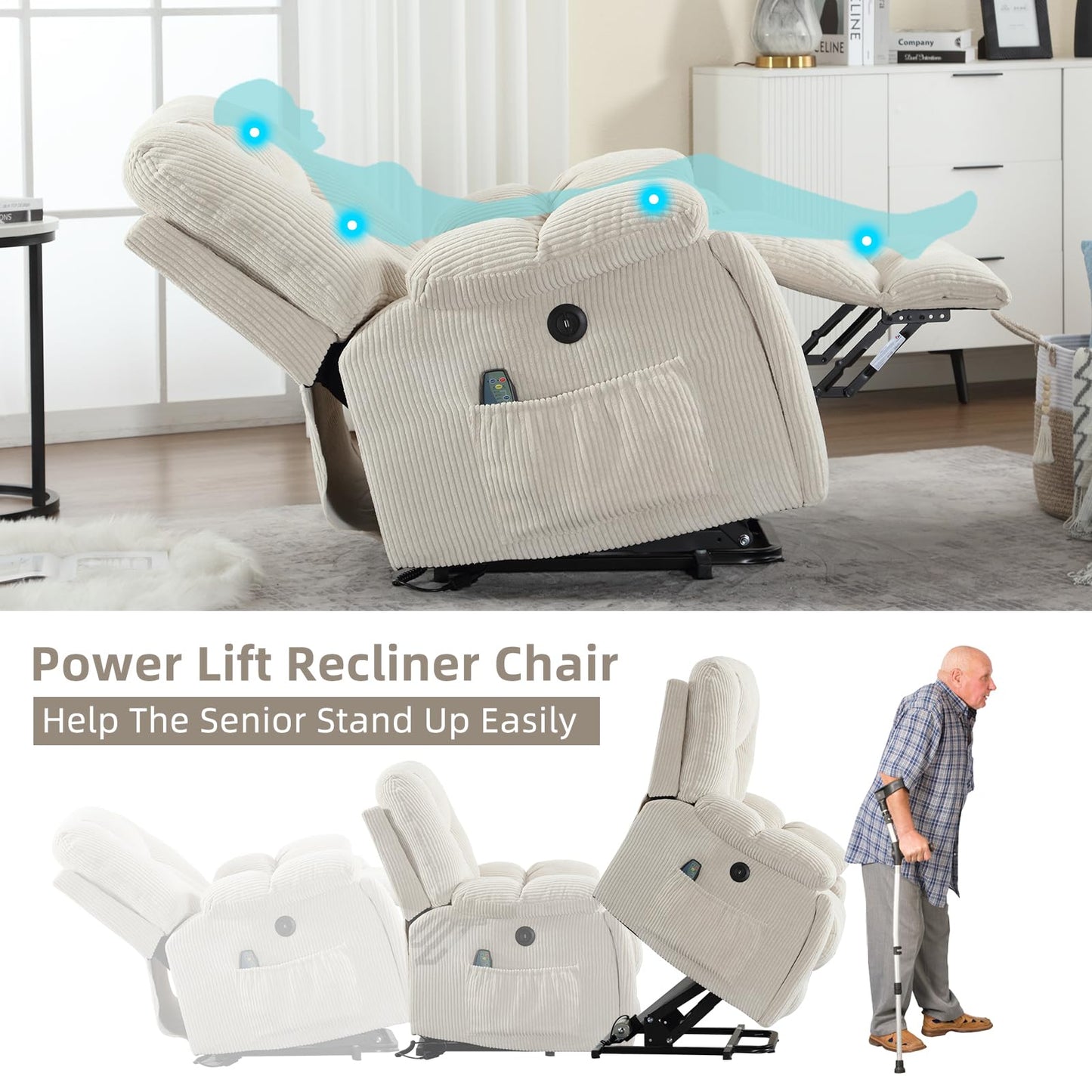 CANMOV Power Lift Recliner Chair with Massage and Heat for Elderly, Overstuffed Wide Recliners, Heavy Duty and Safety Motion Reclining Mechanism with USB Ports, 2 Concealed Cup Holders, Beige