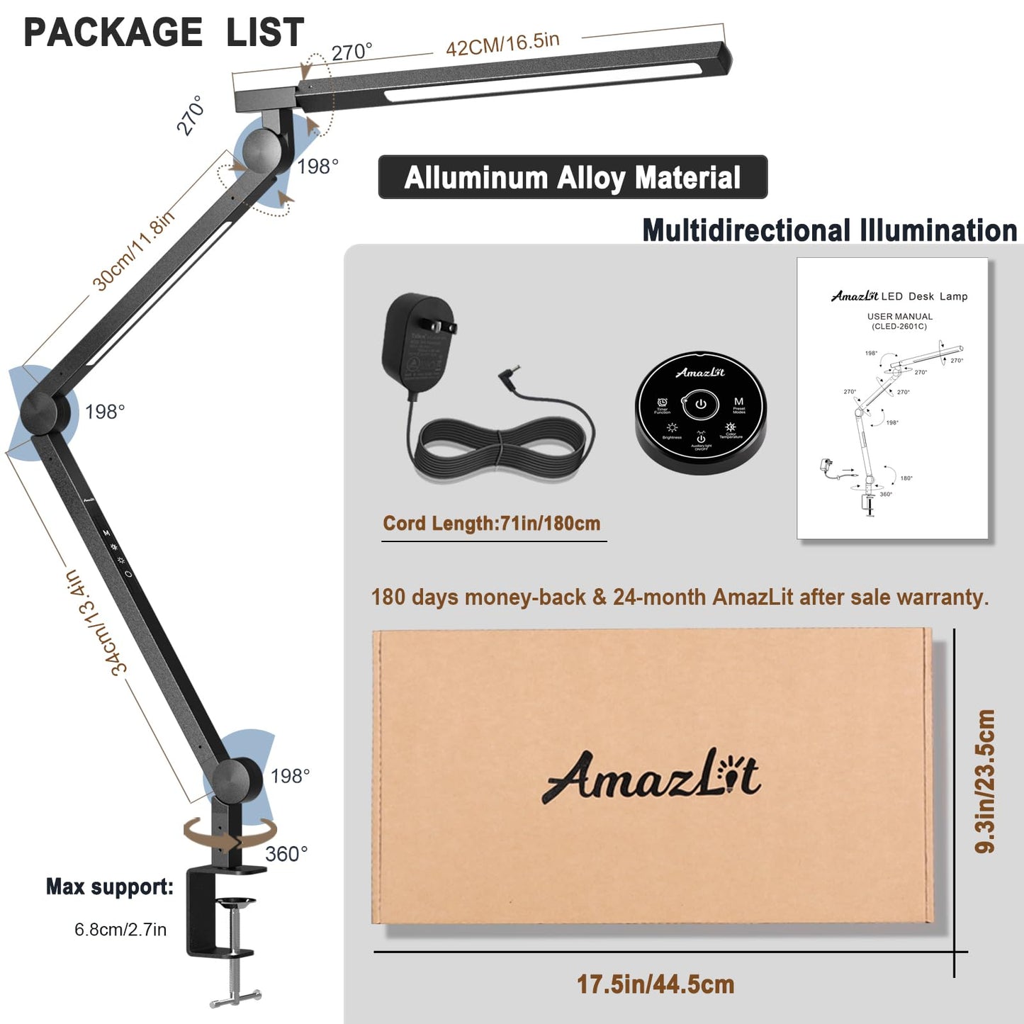 AmazLit Desk Lamp, Desk Light with Clamp, Stepless Dimming & Adjustable Color Temperature Modern Eye-Caring Architect Lamp with Memory & Timing Function for Study, Work, Home, Office, 15W