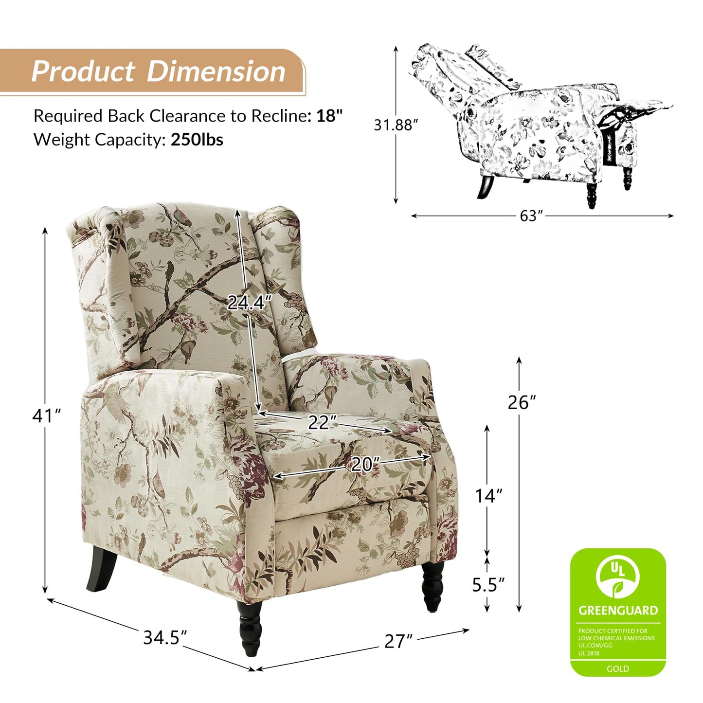 HULALA HOME Wingback Recliner Chair, Traditional Push Back Recliner Single Sofa Chair with Solid Wood Legs, Modern Lounge Armchair for Living Room, Comfy Upholstered Accent Reclining, Bird