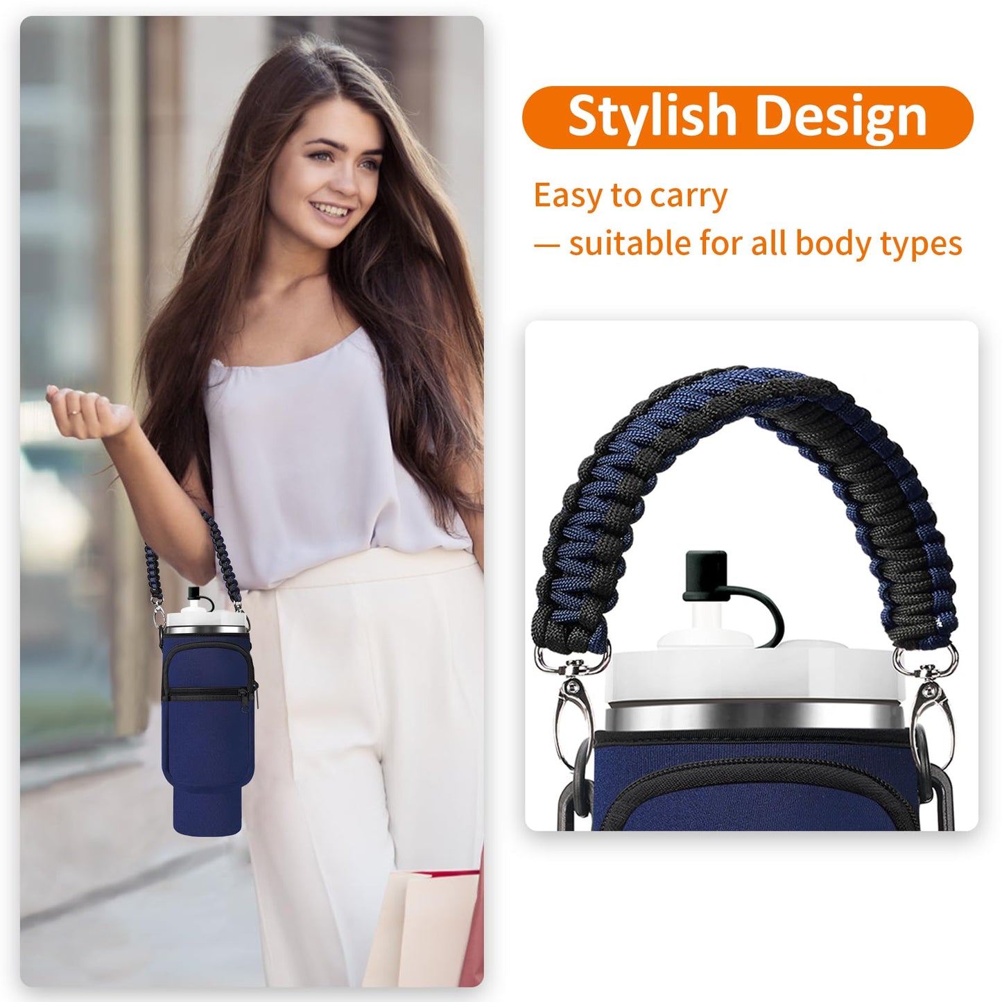 AceTreker 30 oz Water Bottle Carrier Bag with Paracord Handle for Stanley-Navy