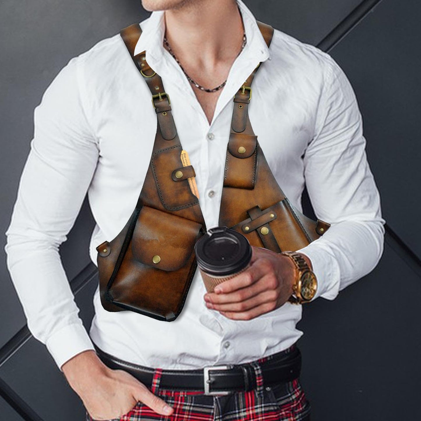 Generic Leather Shoulder Bag for Men - Mens Leather Underarm Shoulder Bag, Anti-Theft Harness Wallet Bag, Adjustable PU Leather Shoulder Strap Outdoor Phone Bag, Dark Brown
