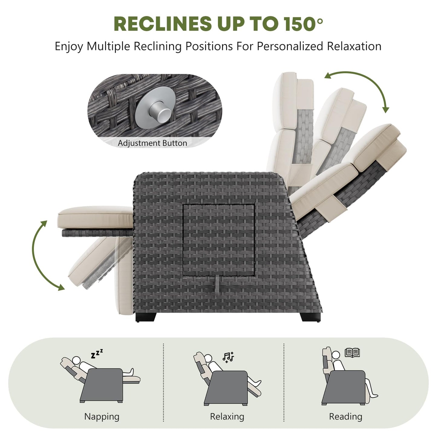 Outdoor Recliners Set of 2, Patio Reclining Chairs Wicker with 150° Lay-Flat Position, Extended Footrest, Flip-Up Side Table, Glass Top Table, Removable Beige Olefin Cushions
