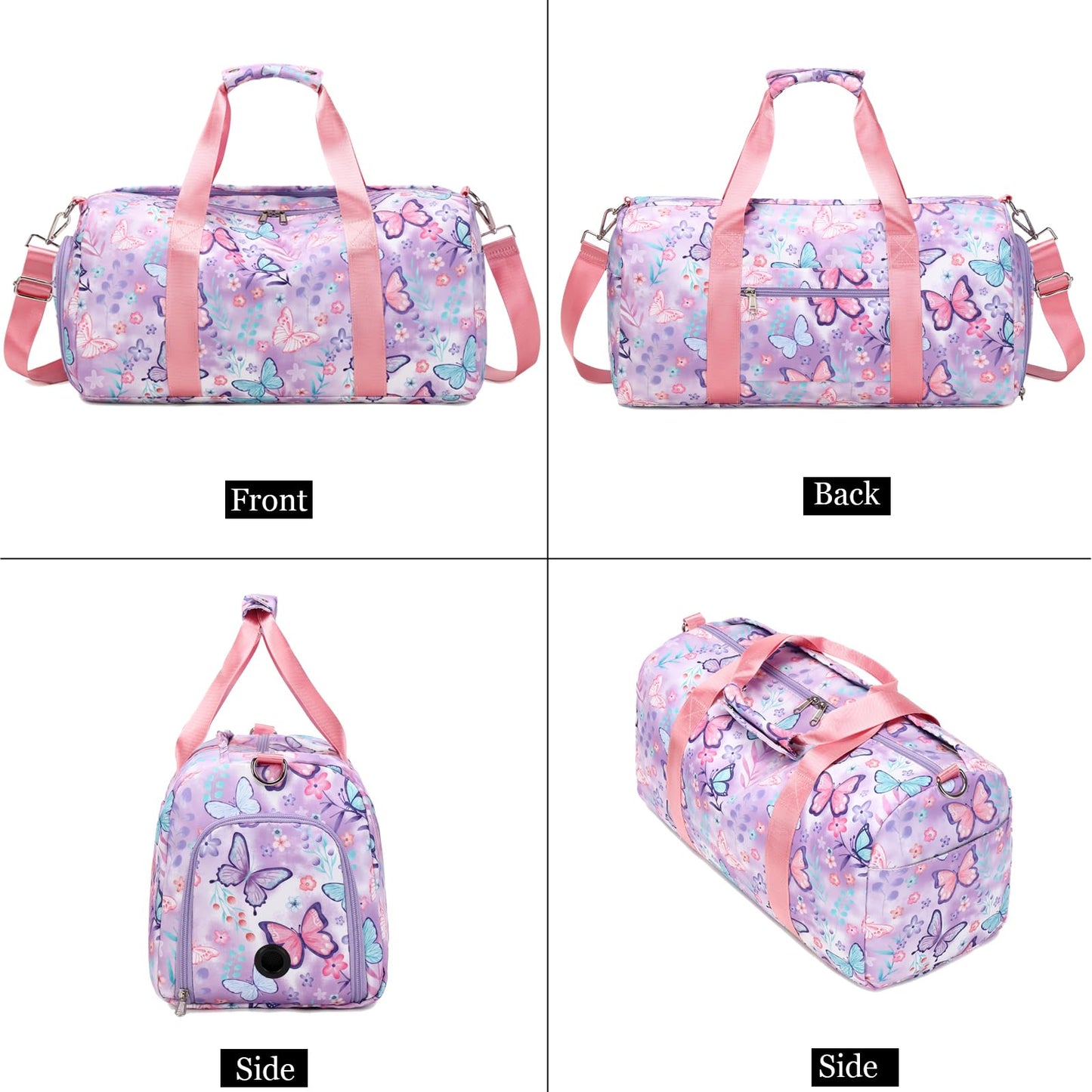 Dance Bag Girls Gymnastics Bag Kids Overnight Duffle Bag with Shoe Compartment, Kids Travel Weekender Sleepover Carry On Bag (Butterfly Purple)
