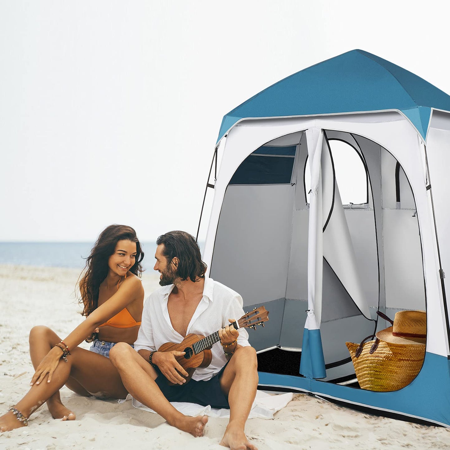 Shyneer Double Dressing Tent, 2 Room Shower Shelter, 7.5 FT Instant Pop Up With Carrying Bag, Privacy Changing Room for Portable Toilet, Easy Setup, Camping, Blue/White
