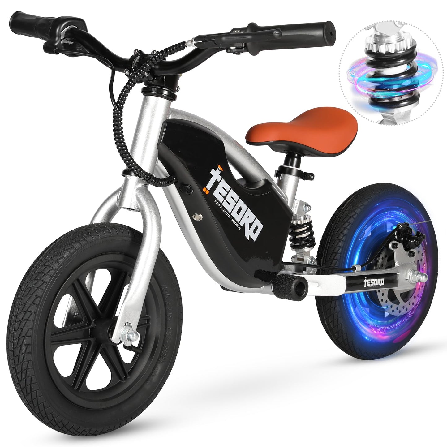TESORO Electric Balance Bike 3-6, 24V 150W E Bike for Kids, 9.3MPH Kids Electric Dirt Bike with Adjustable Speed, 12” Electric Motorcycle for Kid, Rear Shock Absorber