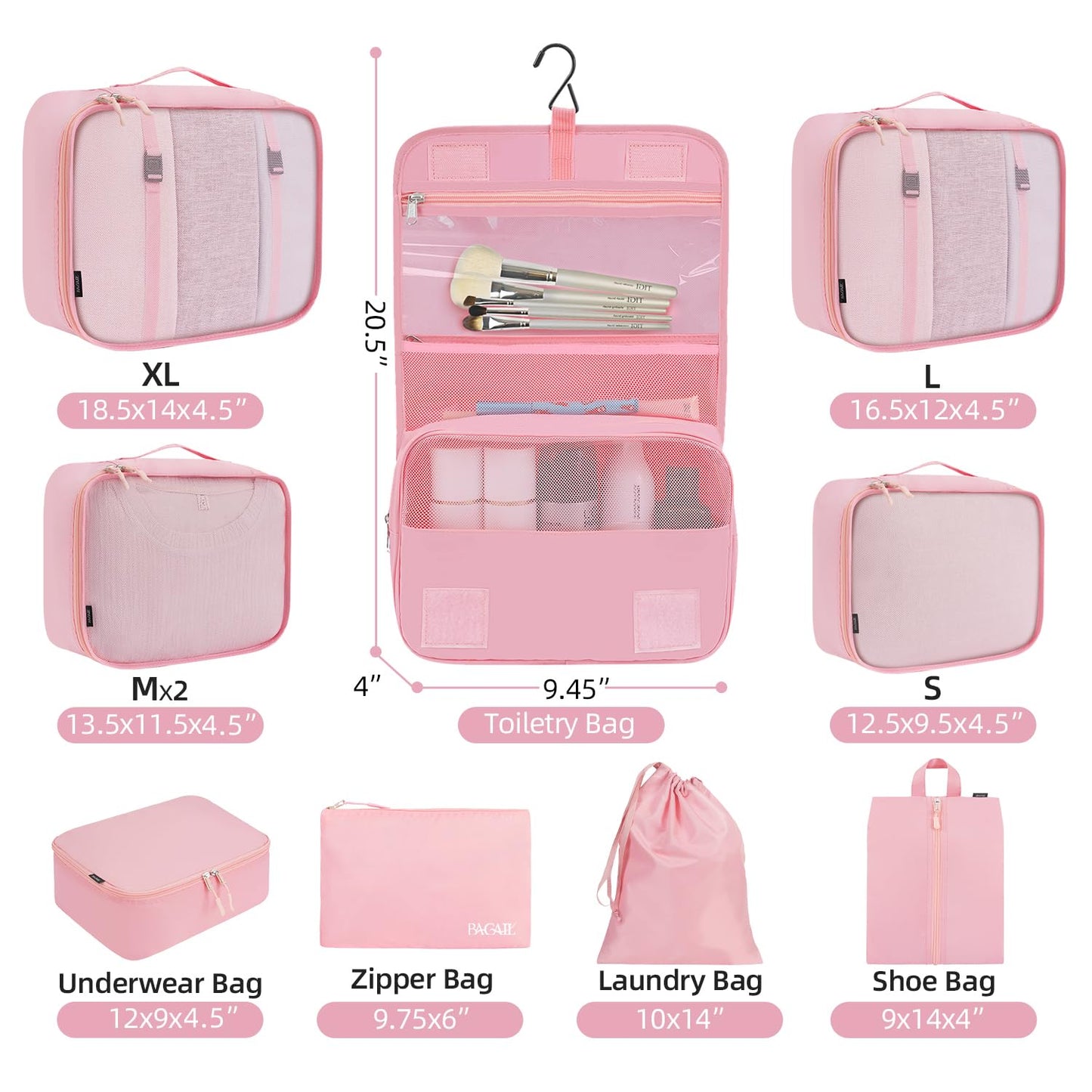 BAGAIL 10 Set Packing Cubes Various Sizes Packing Organizer for Travel Accessories Luggage Carry On Suitcase-Pink
