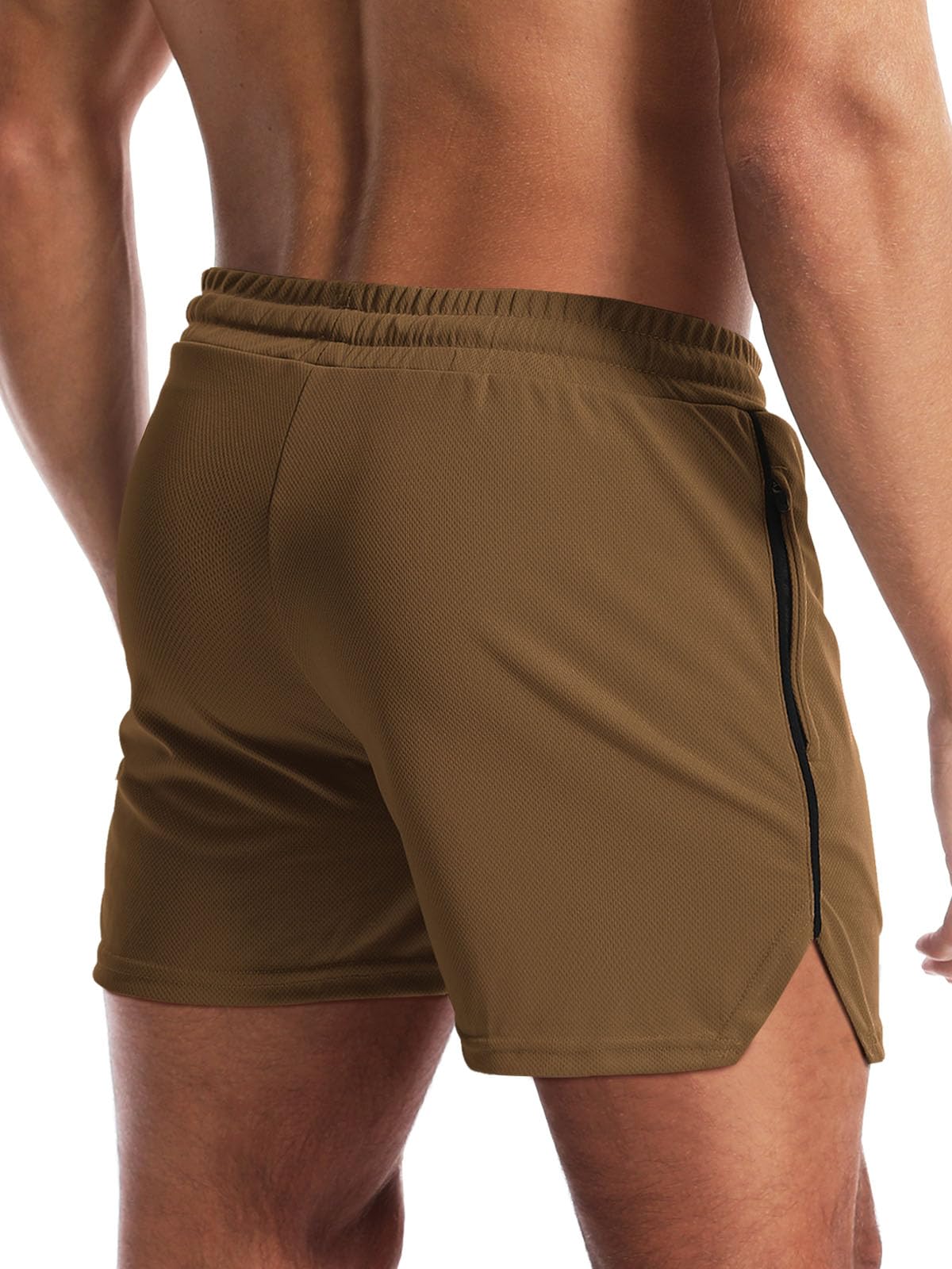 Aolesy Mens Workout Shorts with Zipper Pocket 5 Inch Lightweight Gym Running Shorts Linerless Bodybuilding Training Athletic Shorts Khaki