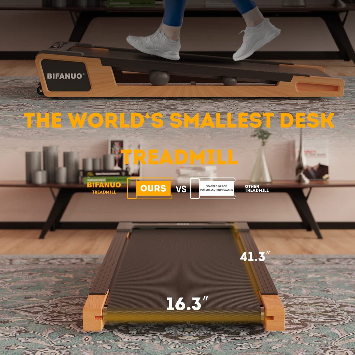 Bifanuo Walking Pad Under Desk Treadmill Small Compact Walking Treadmill with Incline 5° Fit Standing Desk, Flat Treadmill