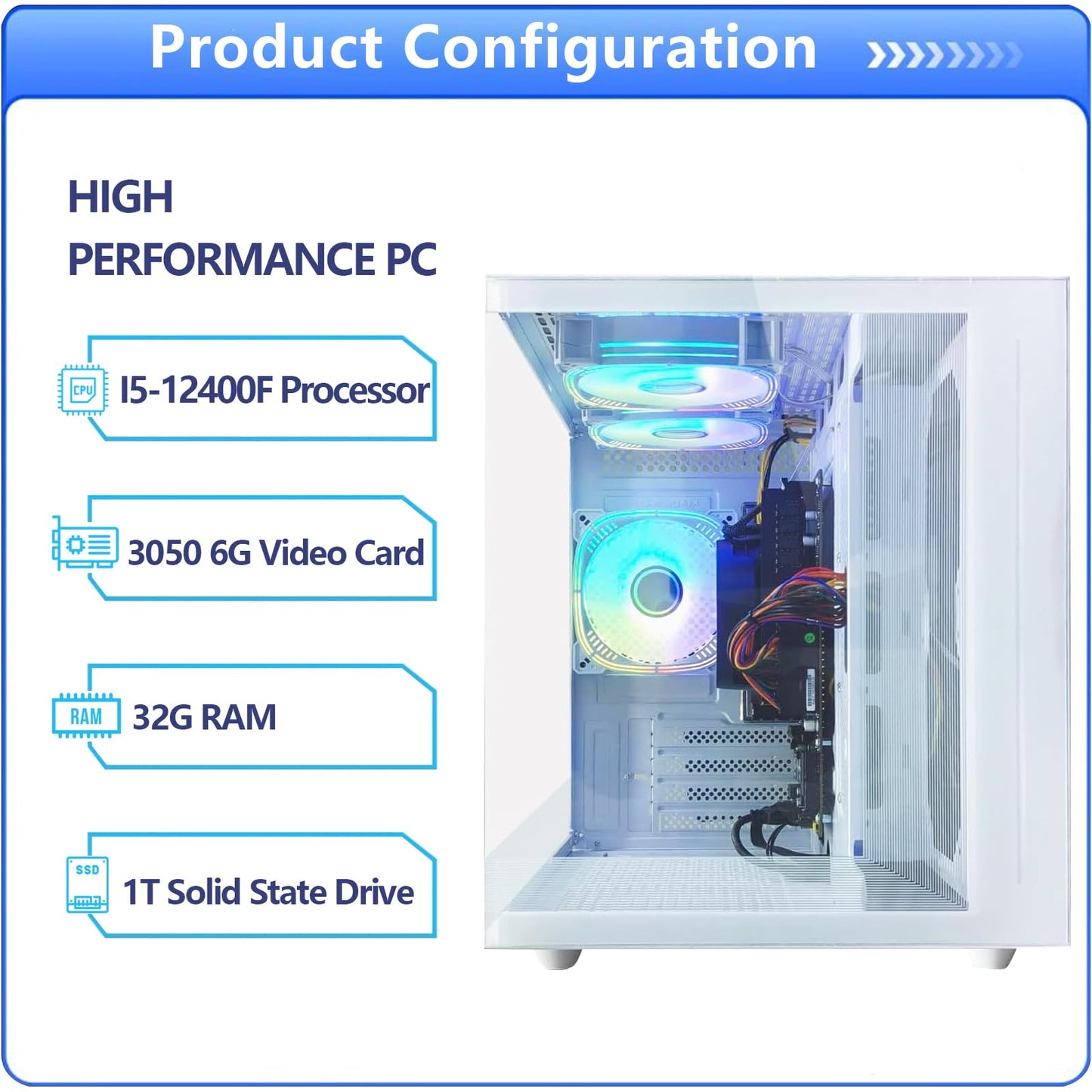suevery Gaming PC Core I5-12400F(6Cores Up to 4.4G) RTX 3050 6G Nvme SSD 1TB 32GB RAM 650W WiFi 6 Prebuilt Towers Desktop Computer White
