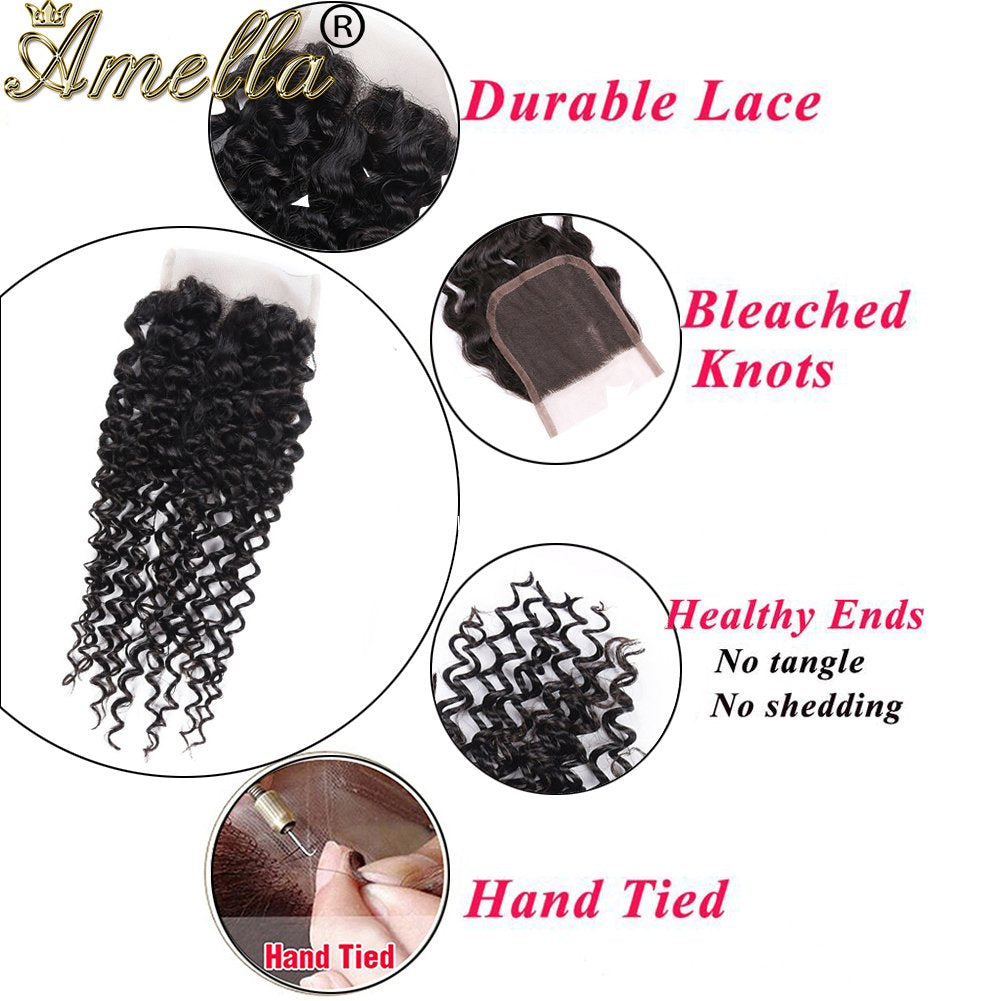 Amella Hair Brazilian Virgin Curly Hair Weave 3 Bundles with Lace Closure Free Part 4x4 8A 100% Unprocessed Brazilian Kinky Curly Hair Weave Bundles Natural Black Color (16 18 20+14inch)