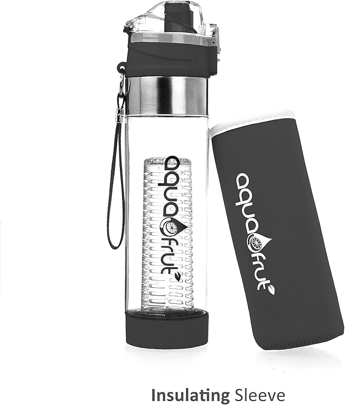 NEW AquaFrut Bottom Loading Fruit Infuser Water Bottle Complete Bundle Includes Bottle Brush, Insulating Sleeve & Infusion Recipe eBook. Leak Proof Sweat Proof BPA-Free (Black)