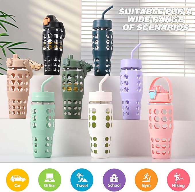 MUKOKO 32 oz Glass Tumbler with Straw,Glass Water Bottles with Time Marker,Iced Coffee Cup with 2 Lids-Handle Spout Lid&Straw Lid,Silicone Sleeve,Leakproof,1 Pack-Blue