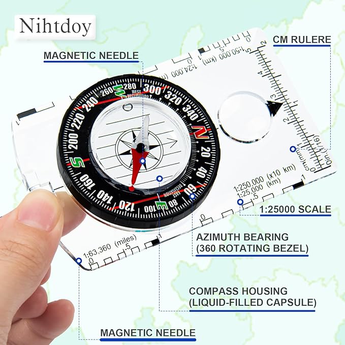 Multipurpose Outdoor Compass for Hiking, Scouting, Camping, and Navigation - Liquid-Filled, Transparent Base with Measuring Scales, Durable and Compact