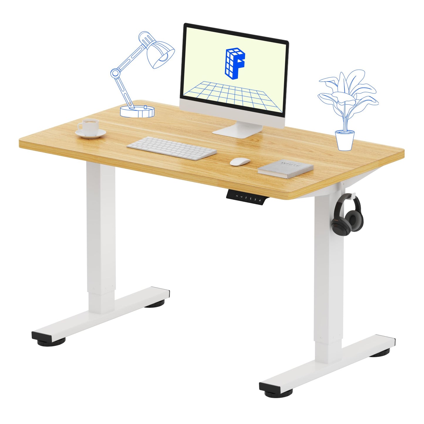 FLEXISPOT EN1 One-Piece Standing Desk 40 x 24 Inches Height Adjustable Desk Electric Sit Stand Up Desk Home Office Desks Computer Workstation (White Frame + Maple Desktop)
